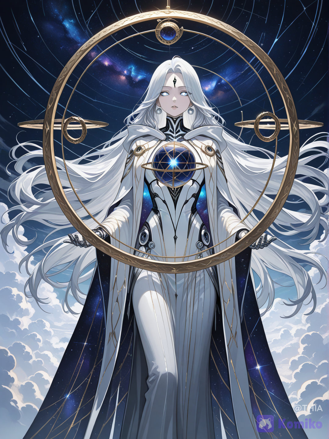 A majestic humanoid cosmic goddess with a sleek biomechanical body made of polished silver and black alloy, standing gracefully above the clouds in a surreal celestial landscape. She wears a long flowing white hooded cloak with elegant metallic trims that billows in the wind, giving her a divine and ethereal presence. Behind her floats an enormous rotating celestial armillary composed of multiple metallic rings engraved with glowing arcane symbols, orbiting around her like the mechanism of the universe. In one open hand she levitates a miniature armillary sphere containing an entire spiral galaxy, emitting soft cosmic light.
Face (more human): Her face is elegant and almost entirely human, with smooth pale porcelain skin instead of mechanical plating. She has a delicate feminine jawline, soft high cheekbones, a small straight nose, and naturally shaped full lips with a calm, emotionless expression. Her eyes are large, almond-shaped, and glow with a soft silver-blue radiance, giving them a celestial appearance. Fine metallic filaments trace subtly across her temples and cheeks like ornamental cybernetic veins rather than armor. Long silver-white hair flows from beneath her hood, framing her face naturally. Her expression conveys serenity, wisdom, and an ancient cosmic consciousness.
The background features a vibrant nebula, distant planets, stars, and dramatic storm clouds illuminated by heavenly light. Floating ruins and monumental celestial structures rise from the clouds in the distance. Wild grass and small orange flowers cover the foreground, partially surrounded by drifting mist. Ultra-sci-fi fantasy, divine celestial aesthetics, biomechanical elegance, cinematic lighting, volumetric clouds, soft god rays, ray tracing, ultra realistic materials, intricate metallic textures, 8k, highly sharp focus, epic scale.