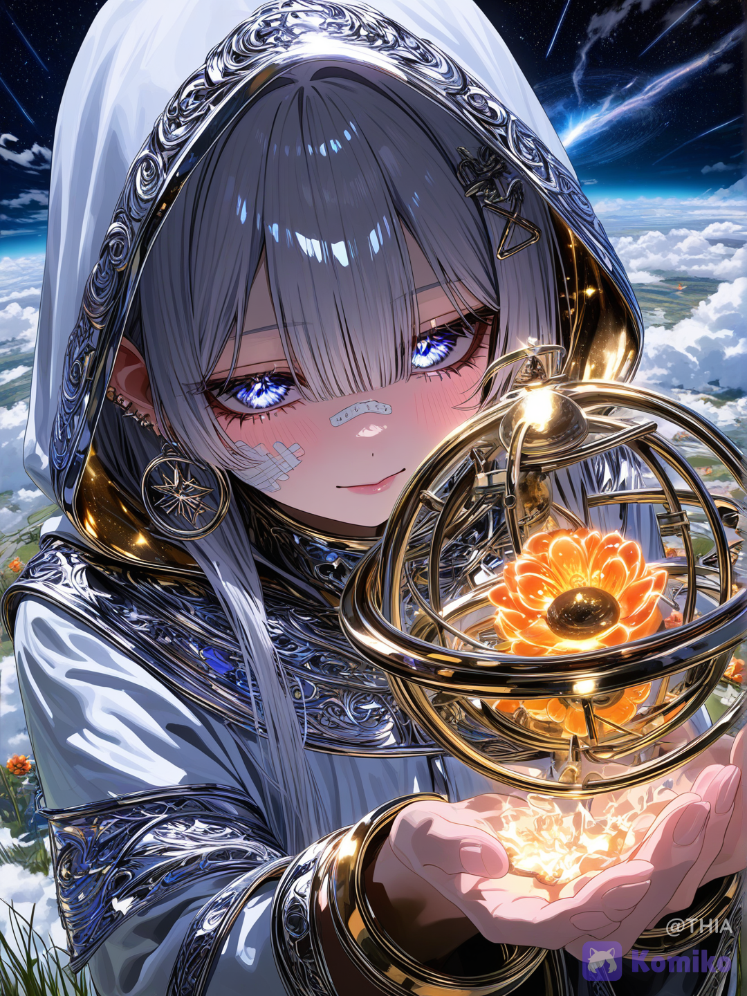 A majestic humanoid cosmic goddess with a sleek biomechanical body made of polished silver and black alloy, standing gracefully above the clouds in a surreal celestial landscape. She wears a long flowing white hooded cloak with elegant metallic trims that billows in the wind, giving her a divine and ethereal presence. Behind her floats an enormous rotating celestial armillary composed of multiple metallic rings engraved with glowing arcane symbols, orbiting around her like the mechanism of the universe. In one open hand she levitates a miniature armillary sphere containing an entire spiral galaxy, emitting soft cosmic light.
Face (more human): Her face is elegant and almost entirely human, with smooth pale porcelain skin instead of mechanical plating. She has a delicate feminine jawline, soft high cheekbones, a small straight nose, and naturally shaped full lips with a calm, emotionless expression. Her eyes are large, almond-shaped, and glow with a soft silver-blue radiance, giving them a celestial appearance. Fine metallic filaments trace subtly across her temples and cheeks like ornamental cybernetic veins rather than armor. Long silver-white hair flows from beneath her hood, framing her face naturally. Her expression conveys serenity, wisdom, and an ancient cosmic consciousness.
The background features a vibrant nebula, distant planets, stars, and dramatic storm clouds illuminated by heavenly light. Floating ruins and monumental celestial structures rise from the clouds in the distance. Wild grass and small orange flowers cover the foreground, partially surrounded by drifting mist. Ultra-sci-fi fantasy, divine celestial aesthetics, biomechanical elegance, cinematic lighting, volumetric clouds, soft god rays, ray tracing, ultra realistic materials, intricate metallic textures, 8k, highly sharp focus, epic scale., [vivid-close-up-style]