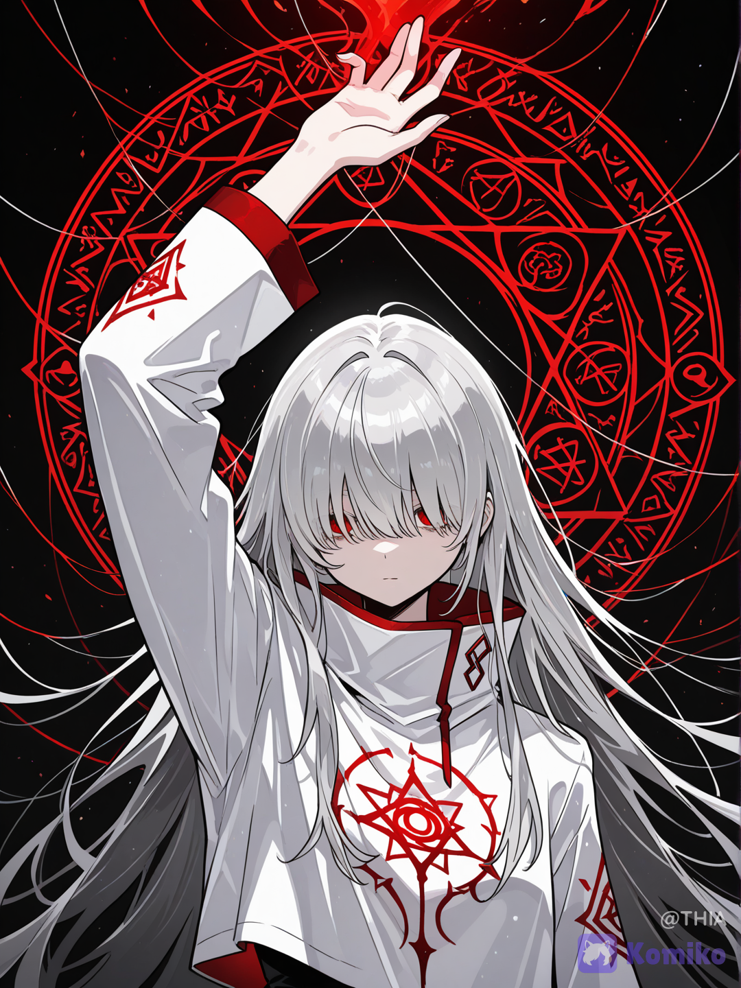 A mysterious anime girl with very long silver-blue hair covering her eyes completely, wearing a white high-collared outfit with dark red details and geometric patterns. She is holding her left hand in the air like a puppeteer, with several thin strings hanging from her fingers and attached to different parts of her body, creating the appearance of a marionette. Her expression is almost unreadable, with only a small, emotionless mouth visible beneath her hair. Behind her, there is a large glowing red magic circle filled with alchemical symbols, runes, and geometric shapes against a completely black background. Minimalist anime art style, dark fantasy atmosphere, centered composition, clean line art, high contrast, mysterious and unsettling mood.