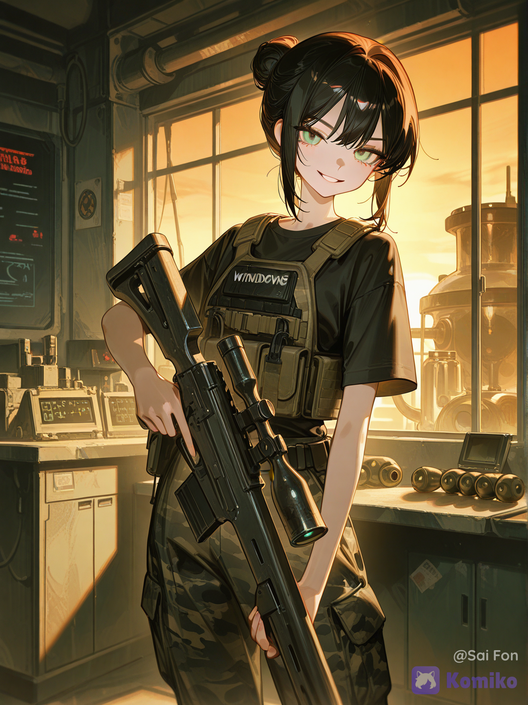 1girl, plano americano, mirando a cámara, sonriendo malvadamente, pelo negro recogido en un moño, grande ojos verdes, pantalones militares de camuflaje, cinturón militar con granadas, chaleco antibalas, camiseta negra de manga corta, sosteniendo un rifle de precisión con ambas manos, está en el interior de un laboratorio militar, por los ventanales entra la luz del atardecer, gran nivel de detalle, [high-gloss-illustration-style]