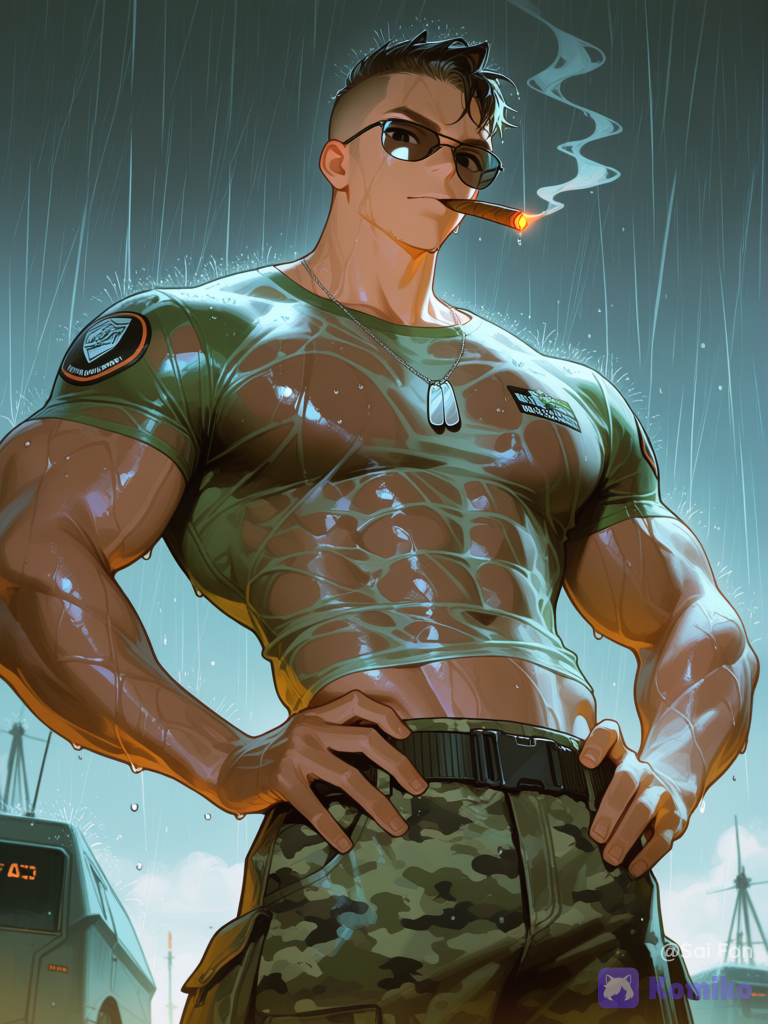1boy, cowboy shot, looking at viewer, depth of field, desde abajo, piel bronceada, cabeza rapada, grandes ojos negros, gafas de sol, fumando una puro habano, espaldas anchas, tremendamente musculoso, camiseta verde oliva con un logotipo militar en el pecho mojada y pegada que marca sus músculos, cadena con chapas de identificación milar al cuello sobre la camisa, pantalones militares de camuflaje, cinturón de tipo militar, las manos en las caderas, primera luz de la mañana, llueve mucho, está en el exterior de una base militar futurista, gran nivel de detalle, [high-gloss-illustration-style]