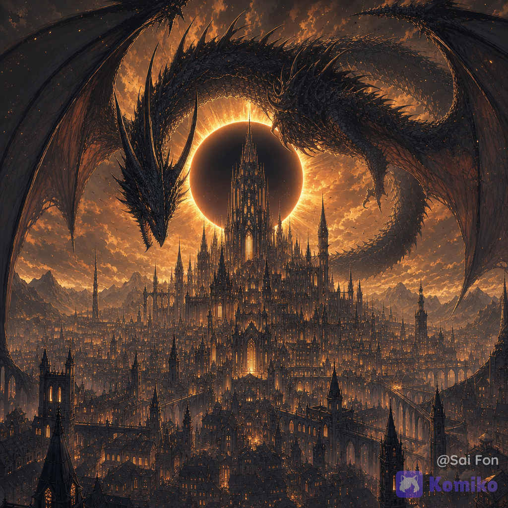 Una épica ciudad gótica de fantasía oscura vista desde una perspectiva panorámica, dominada por una gigantesca catedral-palacio vertical de arquitectura medieval fantástica, con innumerables torres, agujas, arcos, puentes y estructuras ornamentales. Sobre la ciudad vuela un enorme dragón negro ancestral, extremadamente majestuoso y amenazante, con un cuerpo largo y serpentino, enormes alas membranosas extendidas, cuernos curvados, espinas dorsales, garras afiladas y una silueta imponente que rodea visualmente la catedral. El dragón debe ocupar gran parte de la parte superior de la composición, formando un arco alrededor de la torre central. Su anatomía debe ser elegante, poderosa y claramente legible, con detalles de escamas, membranas de las alas, cuernos y garras. La cabeza del dragón apunta ligeramente hacia abajo, observando la ciudad. Detrás de la enorme catedral aparece un gran eclipse solar, con un disco oscuro rodeado por un brillante halo dorado que ilumina los bordes del dragón y crea un espectacular contraluz. Sustituir la atmósfera excesivamente gris y apagada por una iluminación cinematográfica más cálida y evocadora: tonos dorados, ocres, ámbar, bronce, marrón oscuro y pequeñas pinceladas de naranja luminoso. Las ventanas de la catedral emiten una intensa luz cálida, creando cientos de pequeños puntos de iluminación en la ciudad. Estética de anime japonés de fantasía oscura, combinación de ilustración de anime de alta calidad y concept art cinematográfico, líneas elegantes y detalladas, diseño de criaturas sofisticado, fondos extremadamente elaborados, arquitectura gótica monumental, iluminación dramática, gran profundidad atmosférica, volumetric fog, partículas de polvo iluminadas, reflejos dorados, sombras profundas pero con suficiente detalle visible. La ciudad debe extenderse hasta el horizonte, llena de tejados, torres, callejones, puentes elevados y edificios góticos, creando una sensación de civilización gigantesca y antigua. En el fondo, montañas oscuras parcialmente cubiertas por niebla. La escena debe transmitir grandeza, misterio, peligro y belleza, como el instante previo a una batalla legendaria. Composición vertical cinematográfica, perspectiva épica, escala monumental, fuerte sensación de profundidad, contraste entre el dragón negro y el halo dorado del eclipse. Paleta de color: negro carbón, gris azulado oscuro, marrón antiguo, ocre, oro envejecido, ámbar, bronce y naranja cálido. Iluminación más luminosa y colorida que la referencia, manteniendo una atmósfera oscura y fantástica. Anime japonés premium, dark fantasy anime, cinematic fantasy illustration, highly background, intricate gothic architecture, colossal ancient dragon, dramatic eclipse, golden rim light, warm atmospheric lighting, epic scale, painterly anime background, creature design, breathtaking composition, ultra . PROMPT NEGATIVO fotorealismo, fotografía, CGI genérico, 3D render, plástico, aspecto de videojuego, cartoon infantil, chibi, kawaii, colores pastel, colores excesivamente saturados, imagen demasiado brillante, estética cyberpunk, ciencia ficción, edificios modernos, arquitectura contemporánea, dragón pequeño, dragón caricaturesco, anatomía deformada, alas mal formadas, alas duplicadas, extremidades adicionales, demasiadas patas, cabezas múltiples, cuernos deformes, garras incorrectas, cuerpo inconsistente, rostro humano, personajes humanos en primer plano, composición caótica, dragón oculto, dragón cortado por el encuadre, ciudad poco detallada, arquitectura simple, fondos vacíos, cielo azul despejado, luz blanca fría dominante, sobreexposición, subexposición extrema, negros completamente empastados, niebla excesiva, bajo contraste, imagen plana, baja resolución, borroso, desenfocado, artefactos, ruido excesivo, textura artificial, anatomía incorrecta, perspectiva incorrecta, edificios torcidos, repetición de elementos, watermark, logo, texto, letras, firma., [digital-painterly-style]