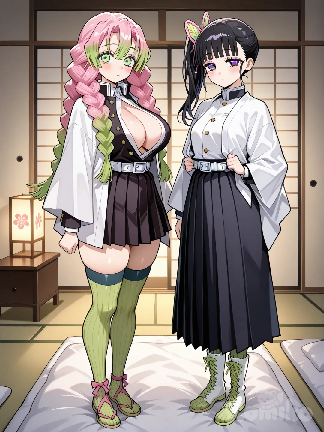 ### 🌸 Mitsuri Kanroji

Mitsuri viste el **uniforme estándar del Cuerpo de Exterminio de Demonios**, pero con varias particularidades que lo hacen muy distintivo. Lleva una chaqueta negra **abierta al frente**, con un escote pronunciado, y una **falda corta plisada** del mismo color en lugar del pantalón tradicional. Debajo, usa **medias largas de color verde claro con rayas**, que llegan hasta arriba de los muslos. Completa su atuendo con **sandalias japonesas (zōri)**. Su vestimenta transmite una mezcla de elegancia, feminidad y libertad, reflejando su personalidad alegre y emocional. Mitsuri Kanroji es una mujer futanari, osea que tiene pene, ademas de tener grandes senos y gran trasero.

---

### 🌺 Kanao Tsuyuri

Kanao también porta el **uniforme negro tradicional** del Cuerpo de Exterminio, pero de forma mucho más **sobria y ordenada**. Su uniforme es **cerrado y ajustado**, acompañado de una **falda larga plisada** que cae hasta las rodillas. Encima lleva una **capa blanca lisa**, que le da un aspecto limpio y delicado. Usa una especie de largas botas blancas, que se amarran con agujetas. Su vestimenta es sencilla y discreta, reflejando su carácter tranquilo, disciplinado. Kanao Tsuyuri es una mujer normal con grandes tetas y un trasero grande, no exagerado

Dame una foto con estas carcateristicas. Y de fondo debe estar una habitacion japonesa has la imagen, donde salgan las dos de pie, cuerpo completo. @Kanroji_Mitsuri, @Tsuyuri_Kanao