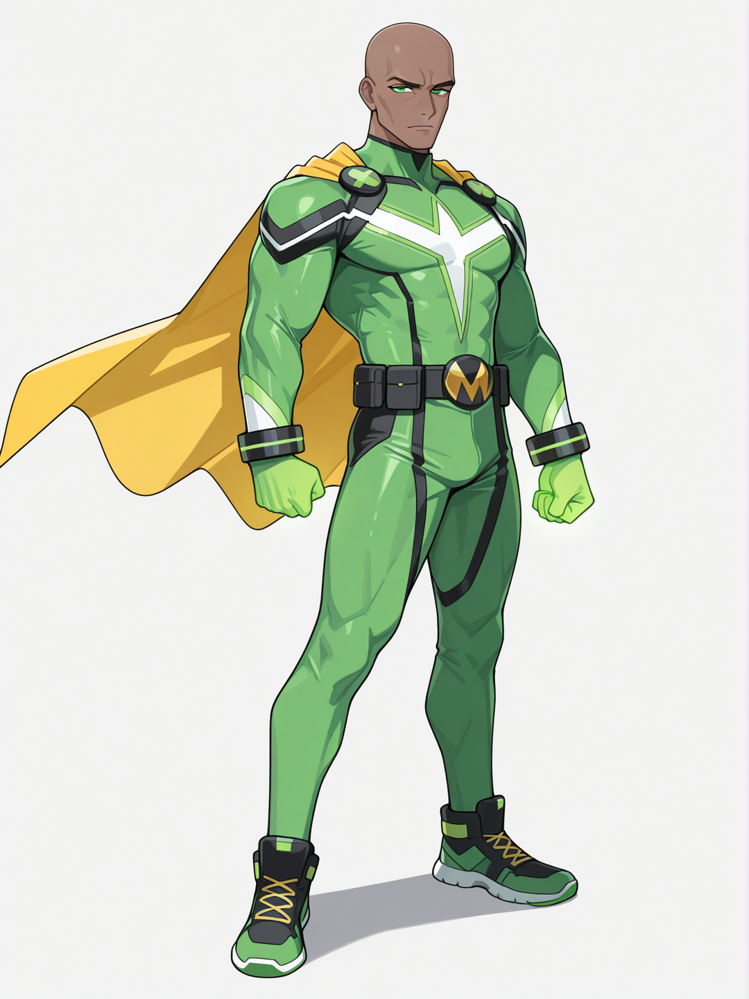 [toon-shaded-style] 1boy, bald, grey_skin, dark-skinned_male, muscular_male, mature_male, green_eyes, yellow_cape, green_bodysuit, superhero_costume, green_energy, glowing_hands, energy_beams, marvel_style, single_character, full_body, looking_at_viewer, simple_background, white_background