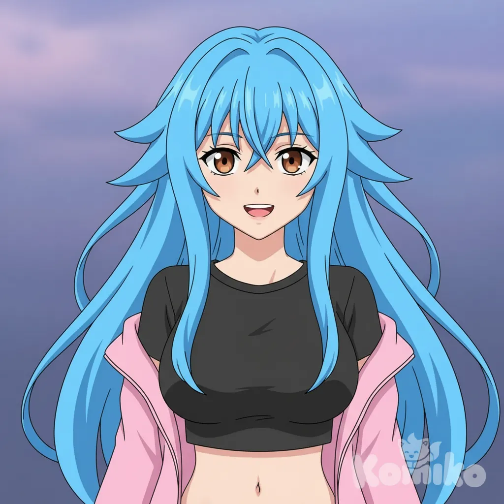 brown eyes, pink jacket off, black shirt, belly button shirt, blue hair, smile happy