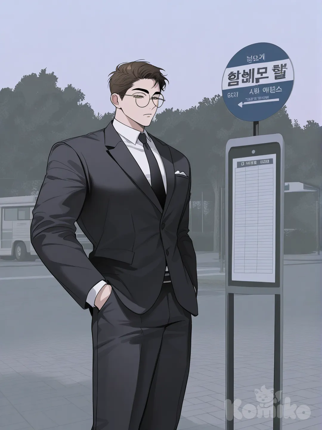 [muscular-manhwa-style],Boy with brown hair, combed back, short on the sides, clear face, no bangs, tan skin, green eyes, slim and toned body, perfect face, white shirt, office suit, black tie, black pants, round silver glasses, headphones, eyes closed, serene and tranquil gaze, ambient light, bus stop, full body