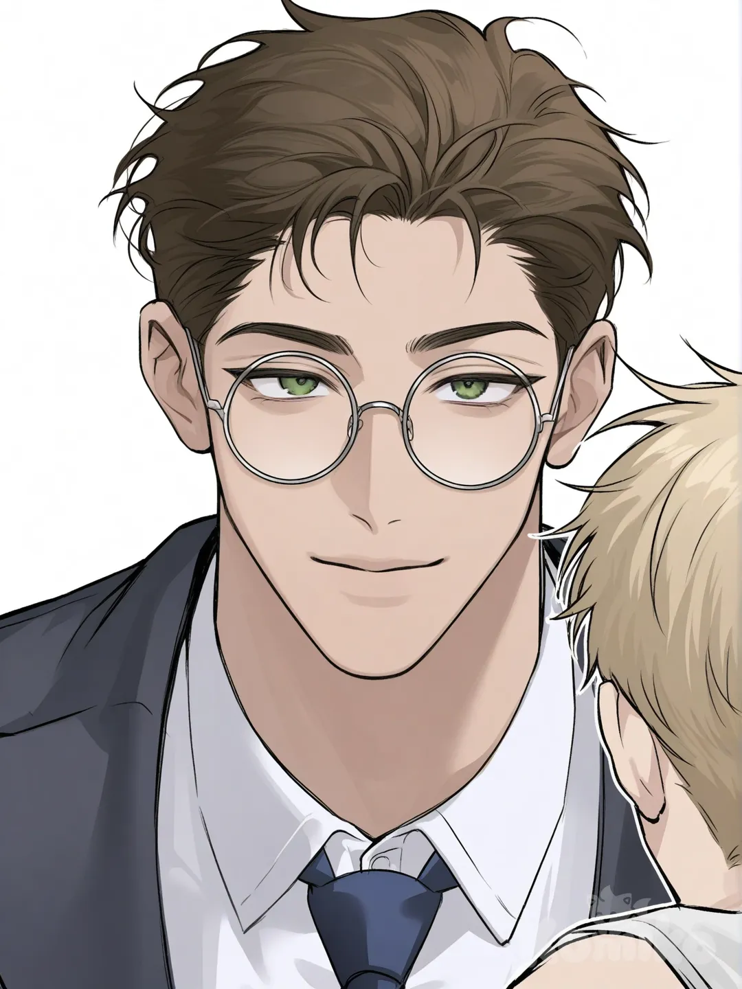[muscular-manhwa-style] Boy 1: Brown hair, combed back, short on the sides, clear face, no bangs, tan skin, green eyes, slim and toned body, perfect face, white shirt, office suit, black tie, black pants, round silver glasses.

Boy 2: Blond hair, combed back, short on the sides, clear face, no bangs, fair skin, blue eyes, slim and toned body, perfect face, white shirt, office suit, blue tie, black pants., 2people, white background, school vest, knitted vest, smile, headshot, portrait, back to back, side light, day