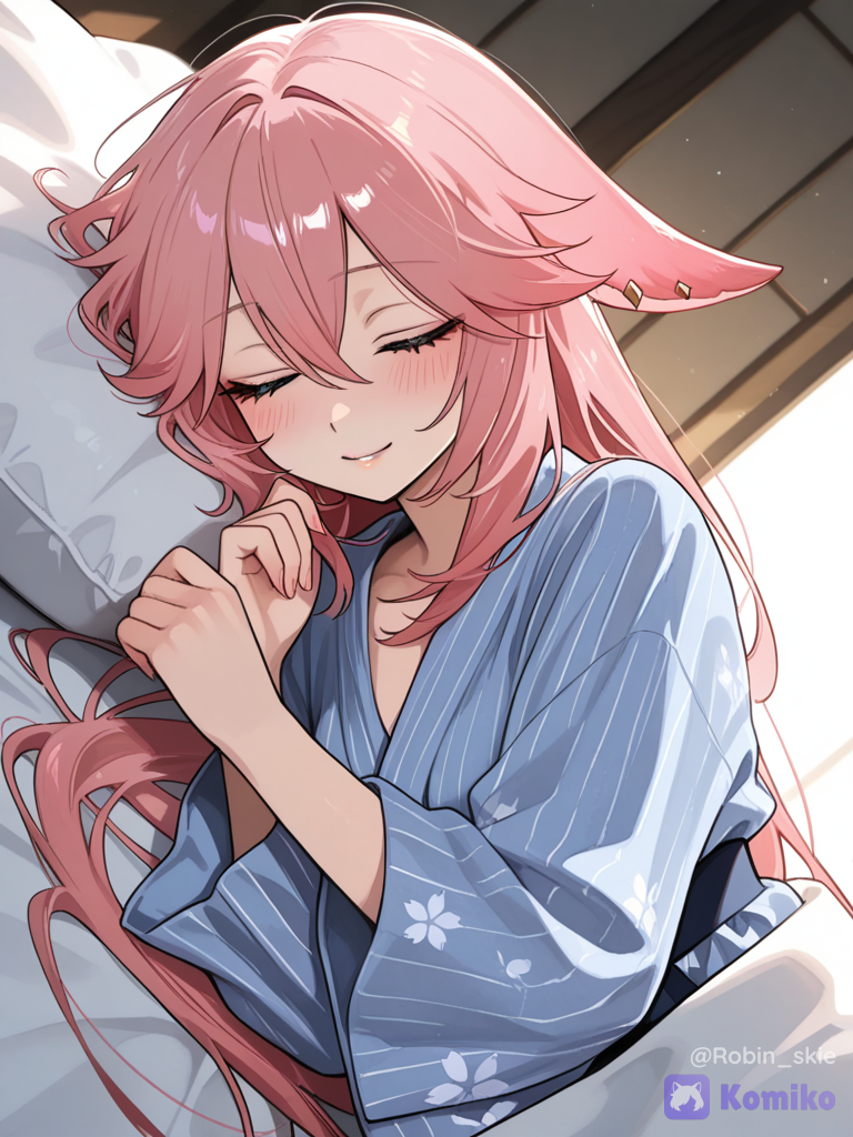 Yae miko, sleeping, smile, pink hair, kawai