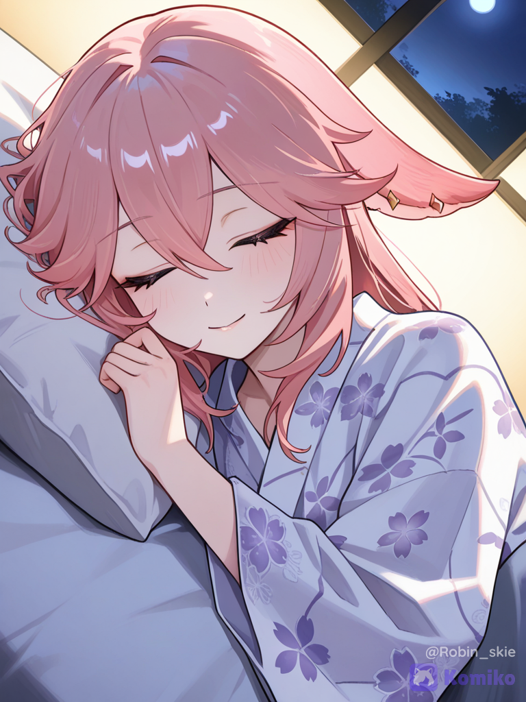 Yae miko, sleeping, smile, pink hair, kawai, night