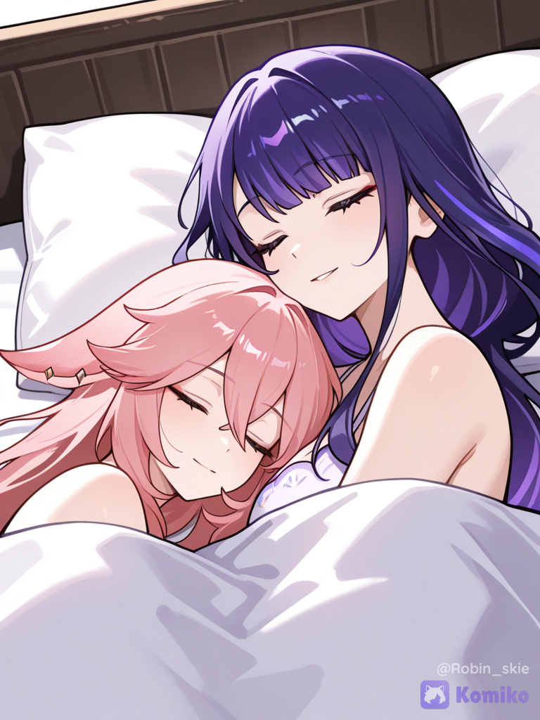 Yae miko & shogun raiden, sleeping, peaceful expression, cuddling, smile