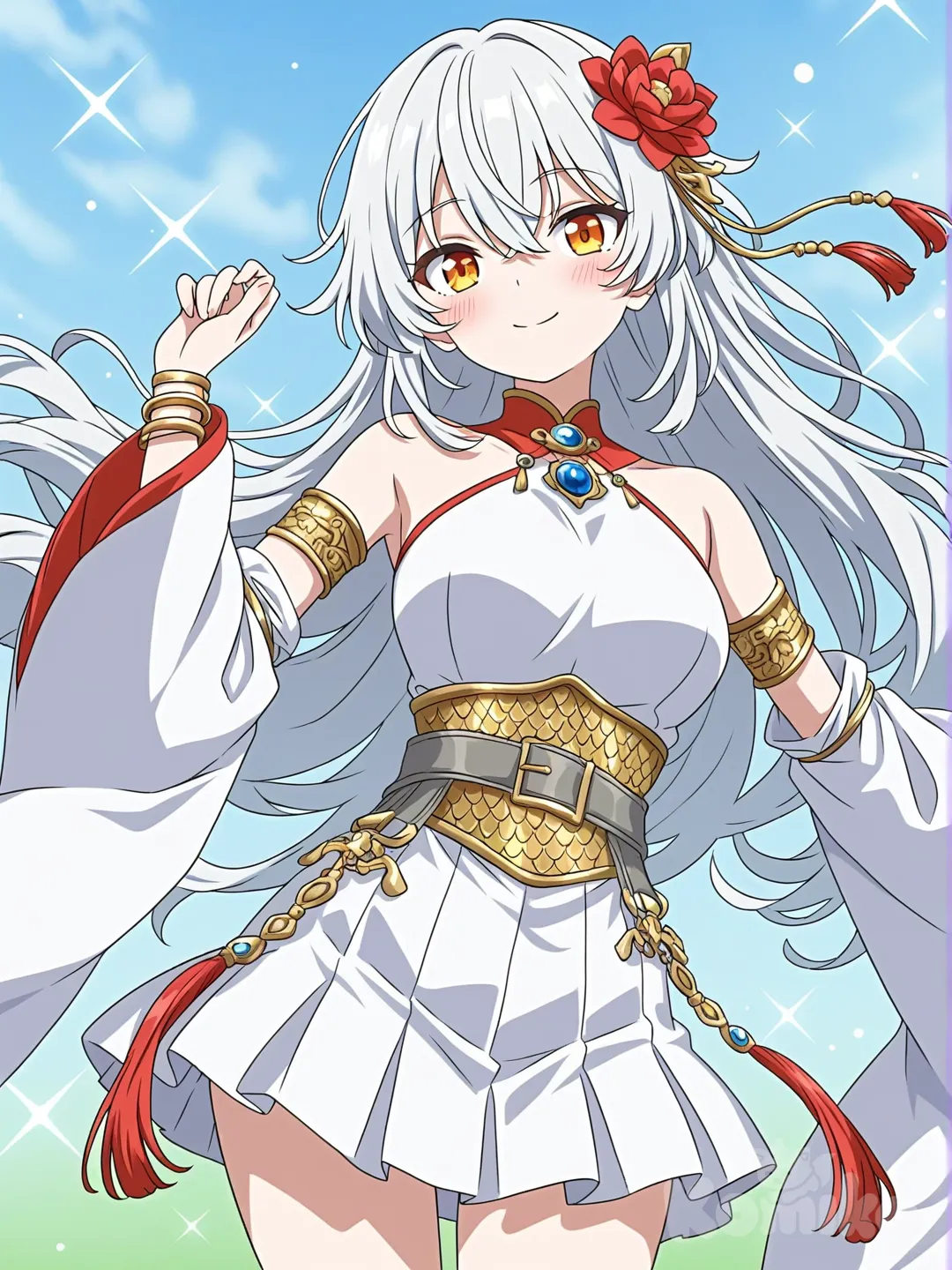 [bright-anime-style] 1girl, solo, extremely anime style, oriental fantasy. Physical: Long flowing silver-white hair, delicate bangs, vibrant golden amber eyes, soft smile, blushing. Accessories: Large ornate red flower on side of head, golden hairpins with hanging red tassels. Outfit: White and red oriental dancer dress, halter neck with red borders, detached oversized flowing white sleeves with red interior lining and sparkles. Gold bicep bands and wrist cuffs, arm bands decorated with small red flowers and blue gems. Waist: Elaborate wide corset belt, dark grey with intricate gold embroidery and scale armor patterns, central large red flower ornament with blue gem, long red decorative tassels hanging down. Short white pleated skirt., dancing