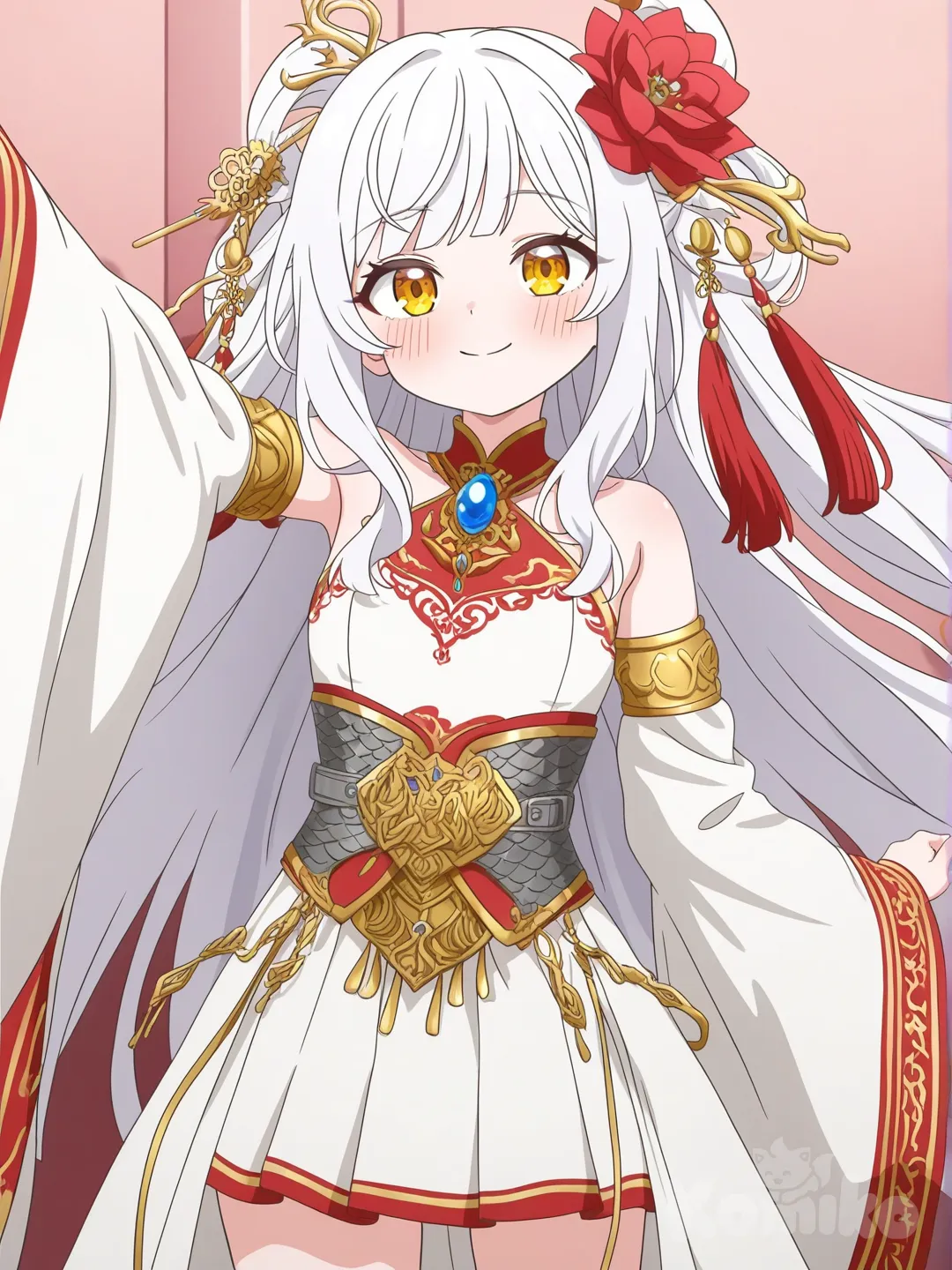 [bright-anime-style] 1girl, solo, extremely anime style, oriental fantasy. Physical: Long flowing silver-white hair, delicate bangs, vibrant golden amber eyes, soft smile, blushing. Accessories: Large ornate red flower on side of head, golden hairpins with hanging red tassels. Outfit: White and red oriental dancer dress, halter neck with red borders, detached oversized flowing white sleeves with red interior lining and sparkles. Gold bicep bands and wrist cuffs, arm bands decorated with small red flowers and blue gems. Waist: Elaborate wide corset belt, dark grey with intricate gold embroidery and scale armor patterns, central large red flower ornament with blue gem, long red decorative tassels hanging down. Short white pleated skirt., selfie