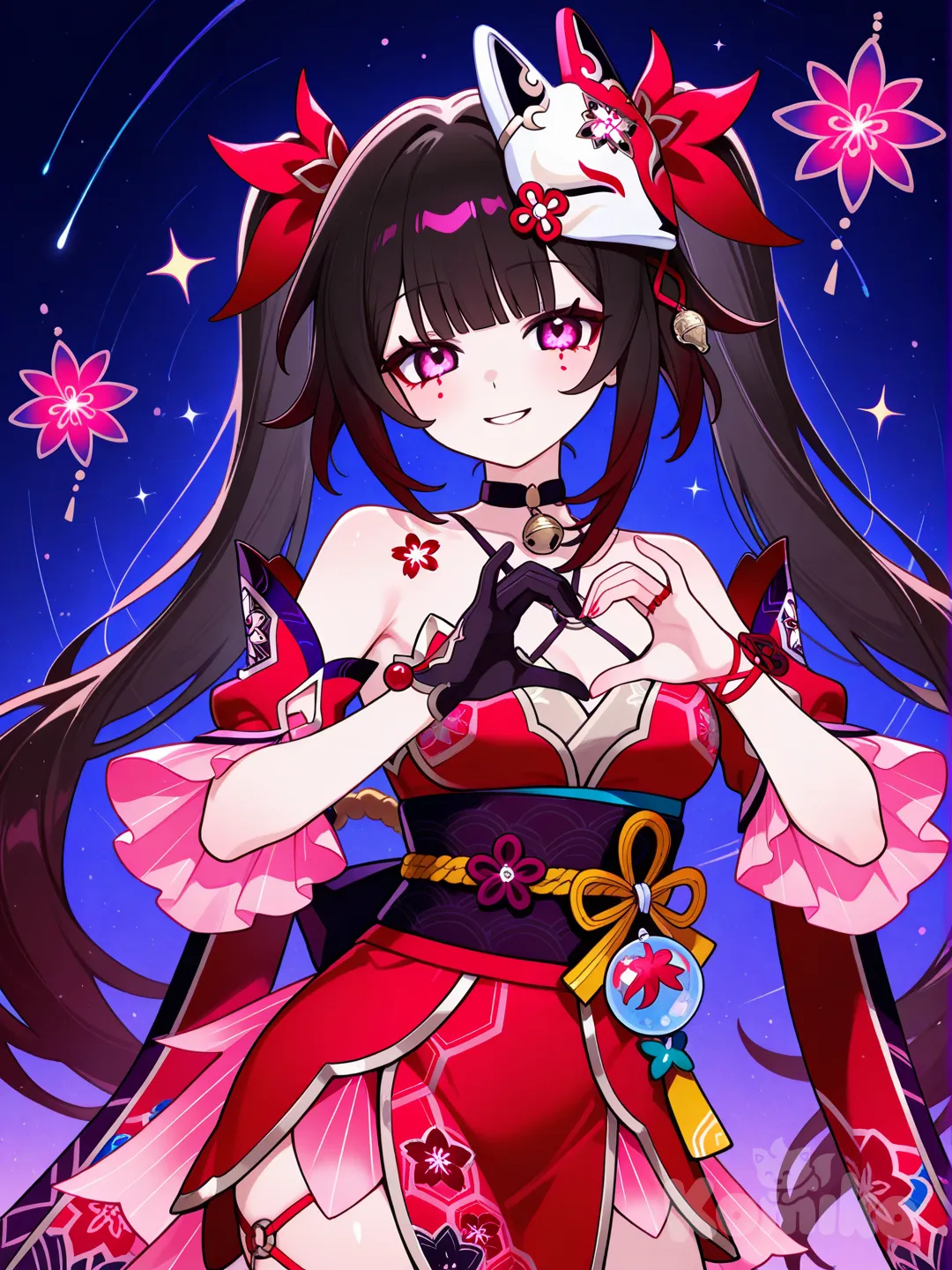 @Sparkle_(Honkai:Star_Rail), bohemian shirt, heart hands, medium long shot