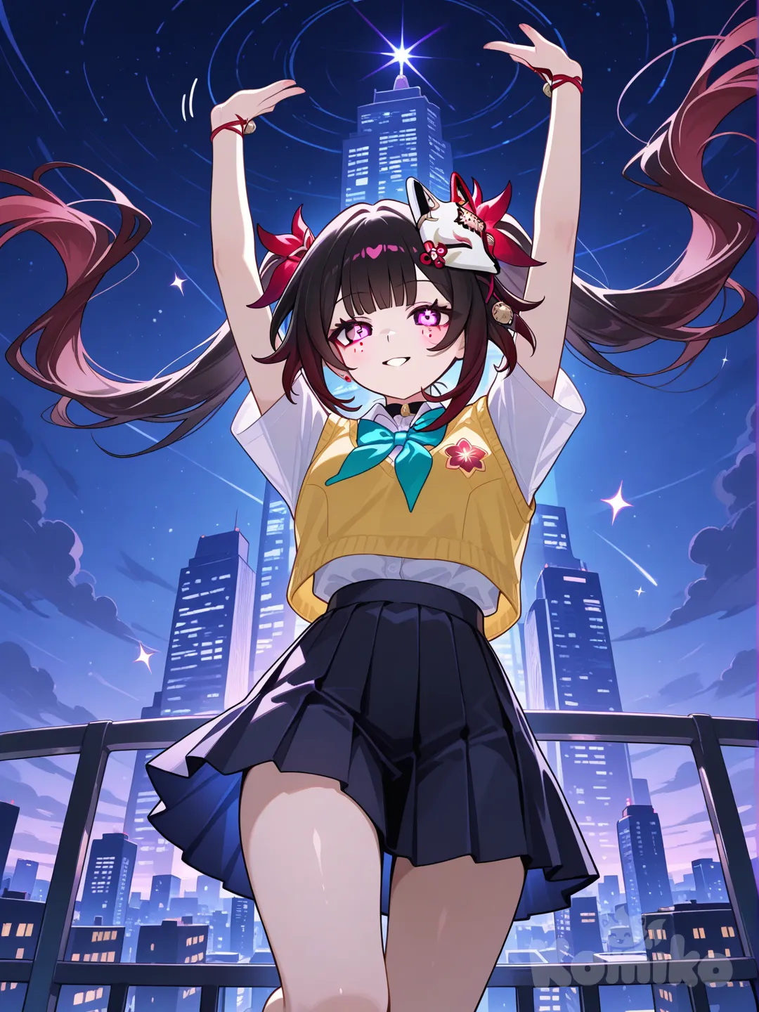 @Sparkle_(Honkai:Star_Rail), jumping from rooftop, school vest, cowboy shot