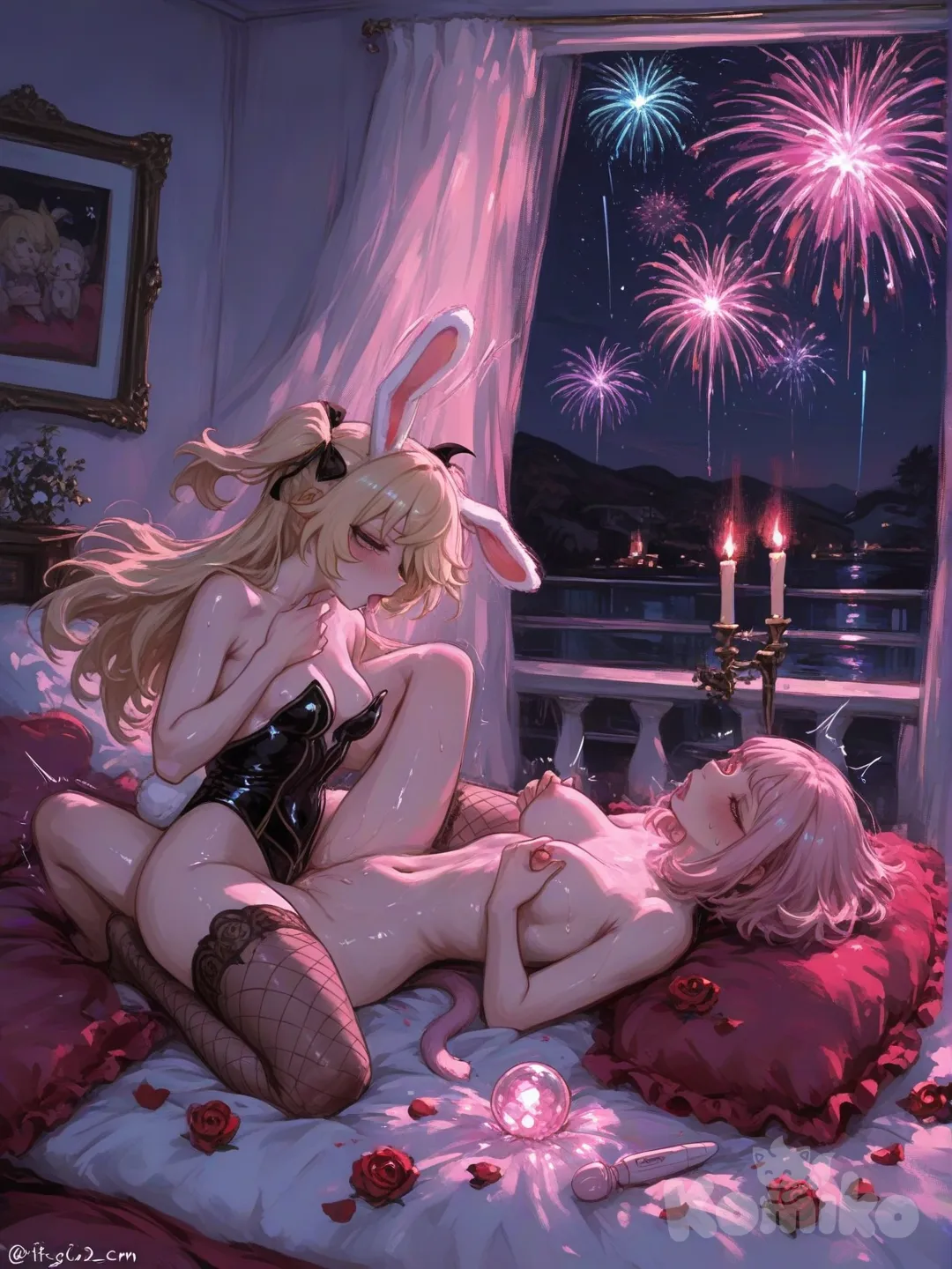 Create a hardcore yuri interaction scene featuring Uraraka from My Hero Academia in a sexy bunny girl outfit with floppy ears, sheer fishnet stockings hugging her thighs, and a tight black leotard that clings to her curves, passionately embracing and deeply kissing Fischl from Genshin Impact, who wears a playful catgirl outfit with twitching cat ears, a swishing tail, and a skimpy bodysuit that barely covers her ample breasts and hips, set in a thrillingly exotic chamber with cascading silk drapes billowing in a gentle breeze from open balcony doors overlooking a starry night sky filled with shooting stars and distant fireworks, adorned with plush velvet cushions, flickering candlelight, and glowing crystal orbs for a seductive, intimate yet exhilarating atmosphere. Use dynamic, explicit poses like Uraraka pinning Fischl against the silk-sheeted bed in an intense grinding position, their bodies pressed together with sweat-glistened skin and subtle tremors of pleasure rippling through their forms, flowing hair cascading wildly across flushed cheeks, expressive faces twisted in raw desire with half-lidded eyes and bitten lips, hands roaming teasingly over exposed flesh to pinch and caress hardened nipples visible through thin fabrics, and soft moans escaping parted lips as they grind hips rhythmically with increasing urgency, building to orgasmic tension amid scattered rose petals and vibrating toys nearby, with high-detail textures on fabrics, glistening bodily fluids tracing down curves, and hyper-realistic anatomical details for maximum sensuality., [sweet-painting-style]