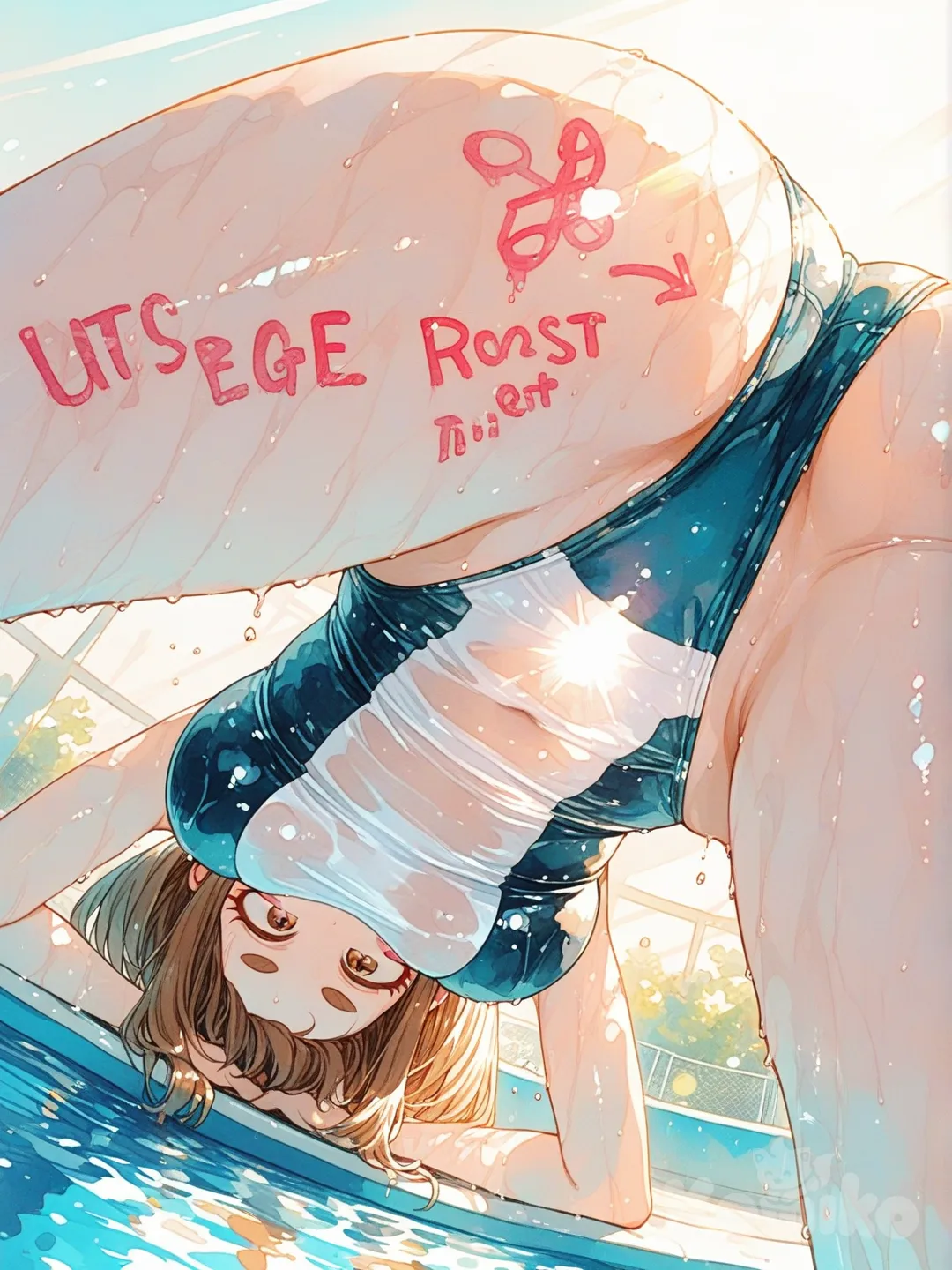 @Uraraka_Ochako in a tight swimsuit at the public pool, emerging from the water with her hands gripping the border, captured in a dynamic close-up from water level that highlights her ass in the clinging wet fabric with intricate body writing visible on her skin, water droplets cascading down as sunlight filters through the poolside atmosphere, rendered in high detail with realistic textures and motion., [sweet-painting-style]