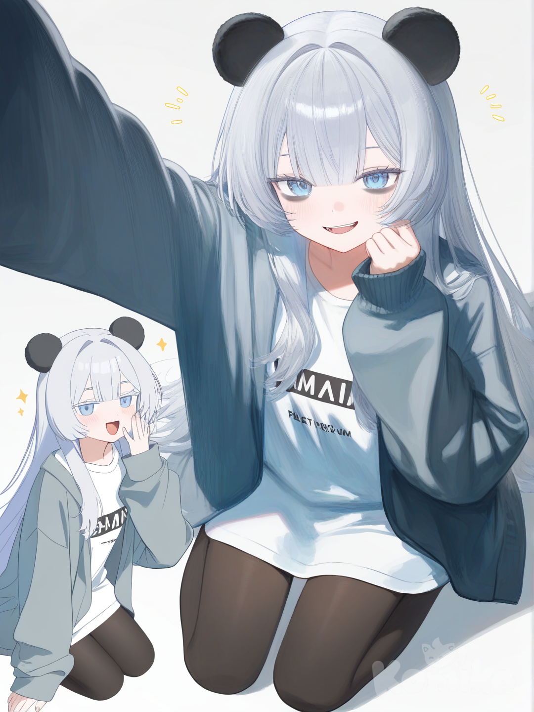 Gray long straight hair, sage blue dark eyes, gray panda ears, white oversized shirt, light blue gray jacket, panda tail, black sweat pants, pale skin, forced smirk, eye bags, kneeling, touching face, selfie, open mouth, multiple images, [moody-glow-style]