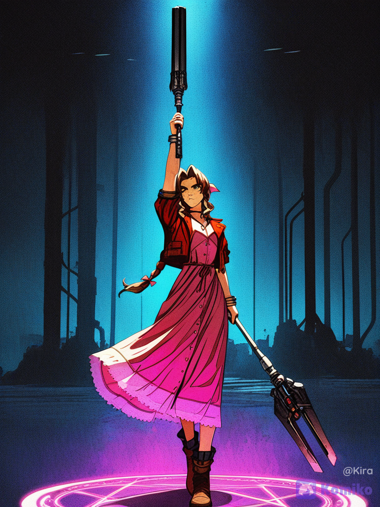 [action-manga-style], @Aerith_Gainsborough is in battle position with her staff of steel. Aerith’s expression is focused and serious, as she casts a summon of mighty dragon Bahamut. The background is the abandoned Mako reactor, with dark tones.