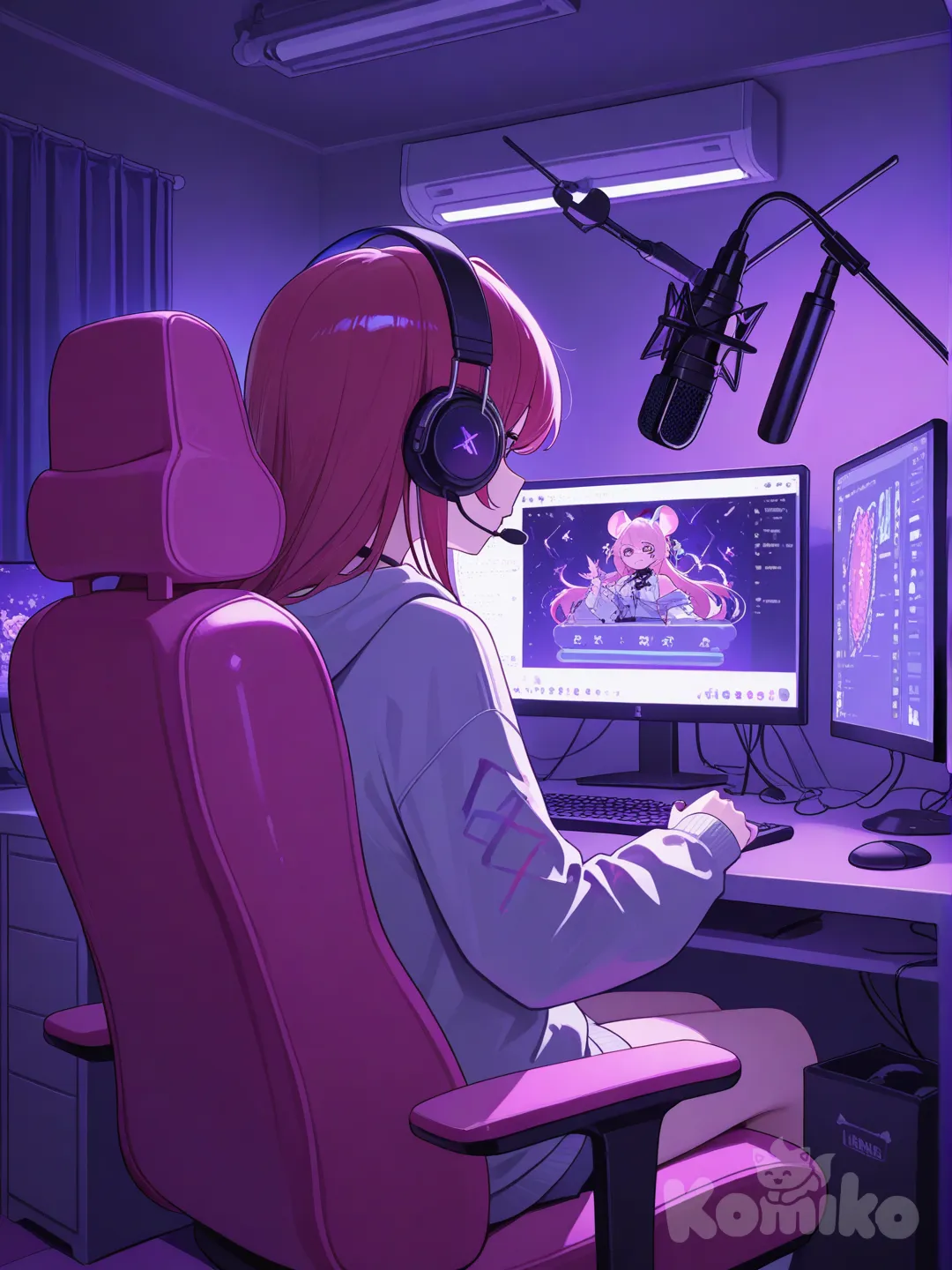 девушка сидит в розовом кресле за игровым компьютером играет в игры и ведет стрим