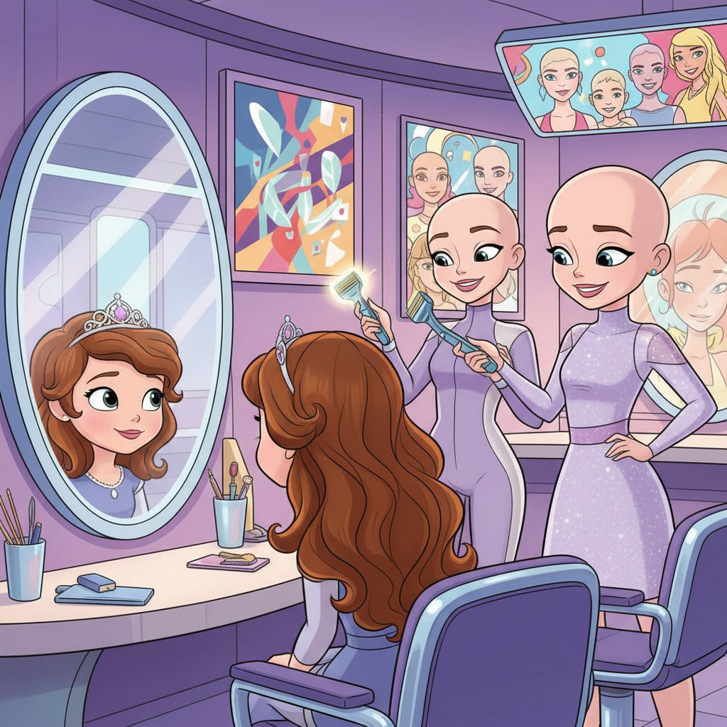 sofia the first au where she goes bald permanently at a salon in a world where woman and girls do it and love it amber did it before her