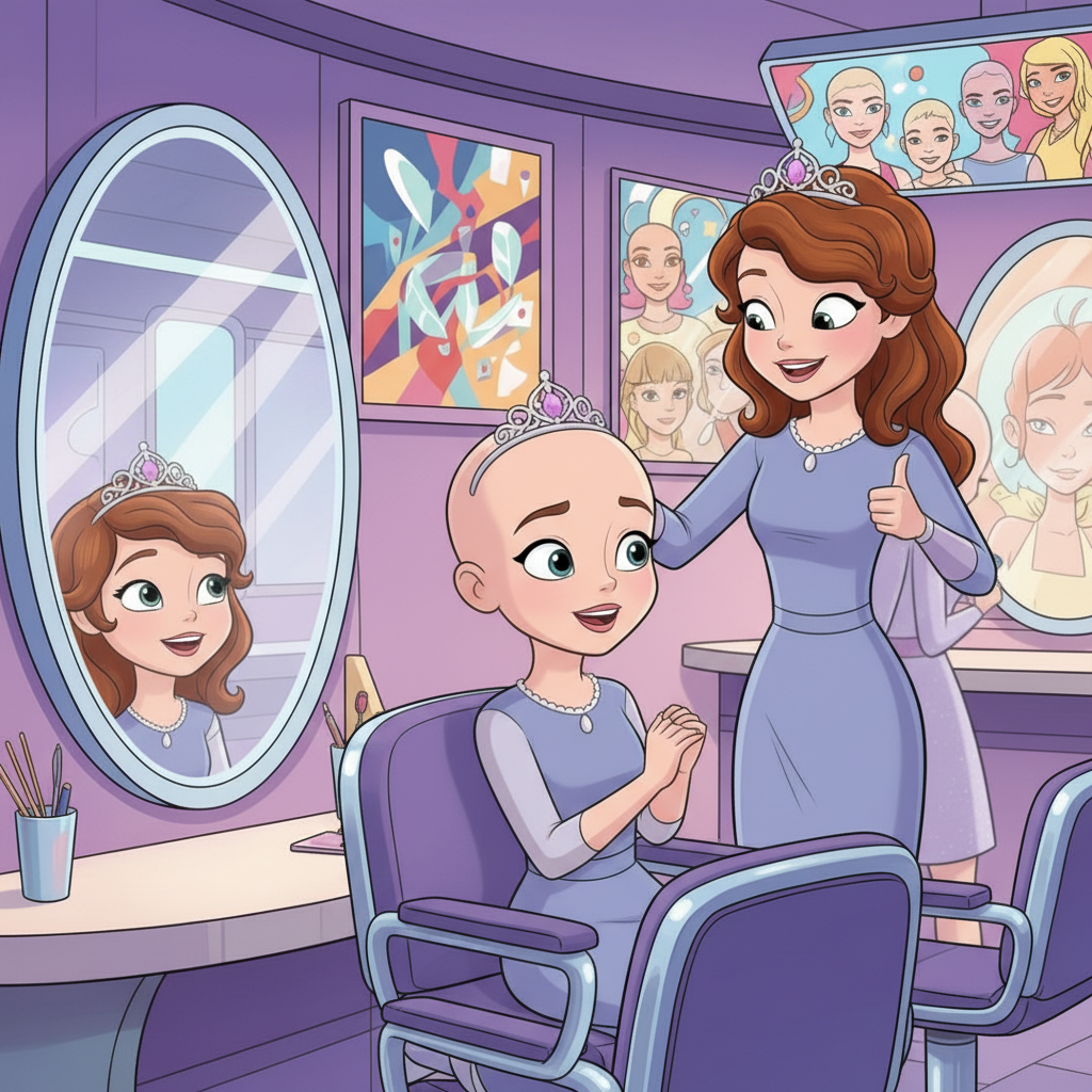 sofia the first au where she goes bald permanently at a salon in a world where woman and girls do it and love it amber did it before her