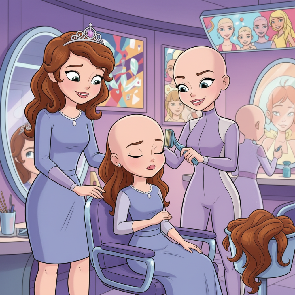 sofia the first au where she goes bald permanently at a salon in a world where woman and girls do it and love it amber did it before her