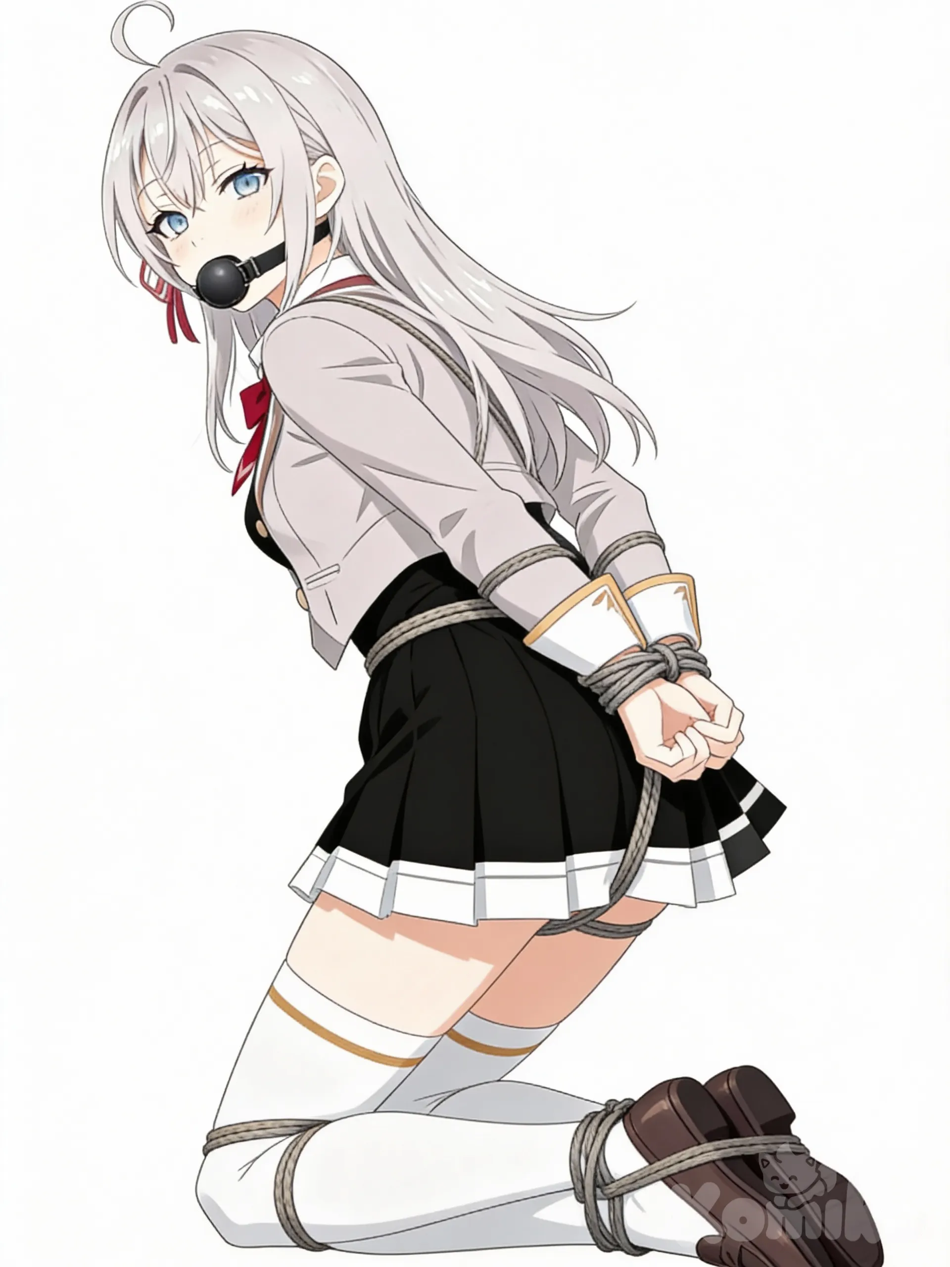 @Alisa_Mikhailovna_Kujou, arms bondage, arms behind back, ball gag, looking back, bound legs