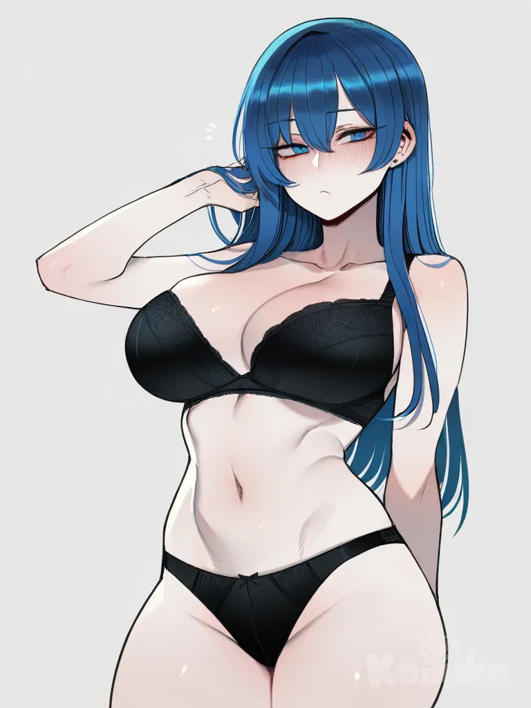 ((ratatatat74)), white background, blue eyes, blue hair, black bra, black panties, long hair
