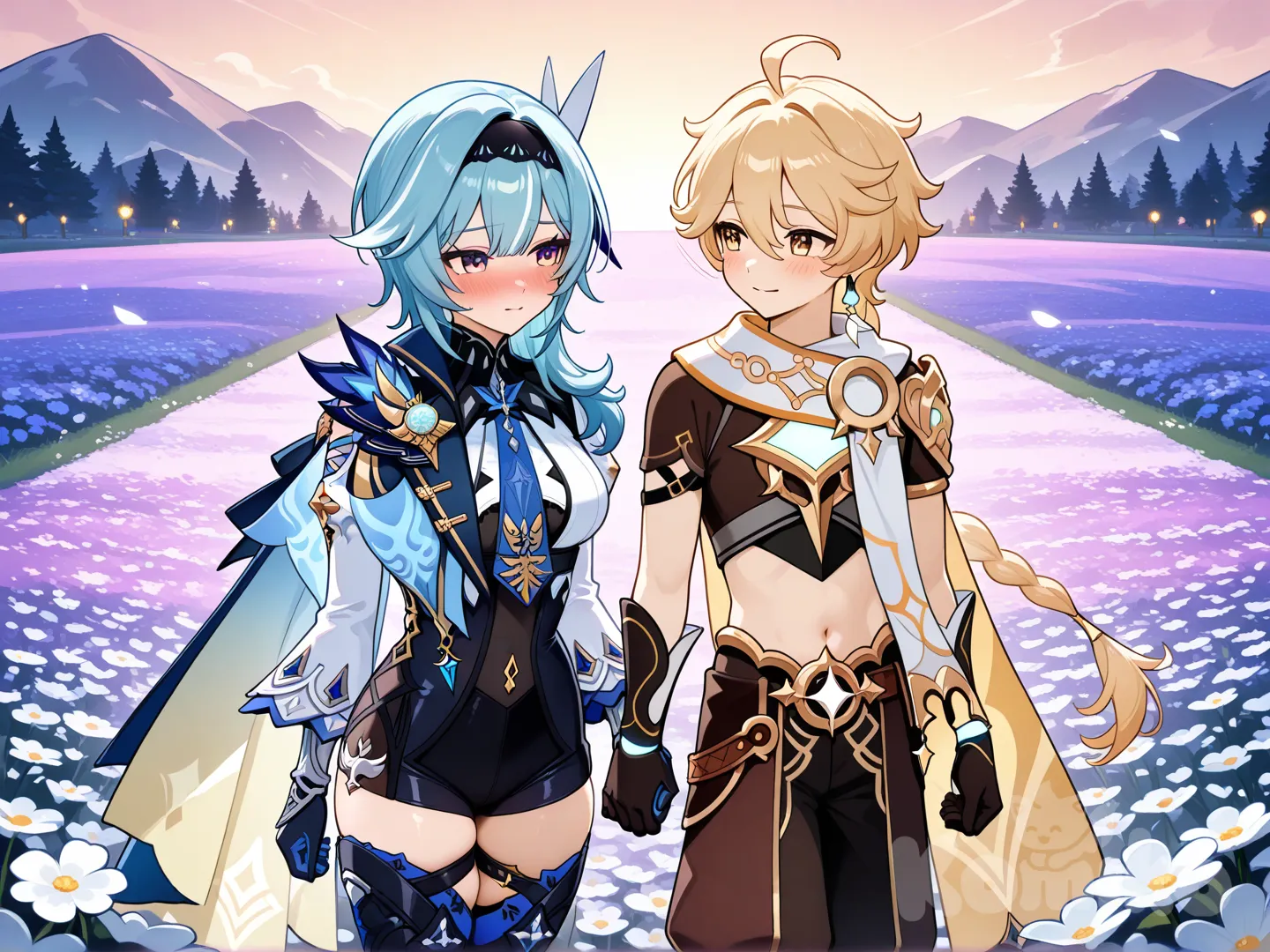 @Aether_(Genshin_Impact), @Eula_(Genshin_Impact) están los dos en una cita, eula está sonrojada, están caminando mirándolo con timidez, están caminando en un paramo de flores,aether está levemente sonriendo.