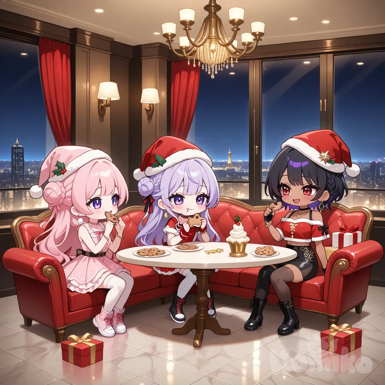 @Rumi, está con un traje navideño color rosa, está en un hotel 5 estrellas, está abriendo un regalo, @Mira, está con traje navideño color crema viendo el regalo de rumi, @Zoey está con un vestido navideño rojo, está viendo el regalo de rumi y comiendo comidas navideñas, estilo chibi