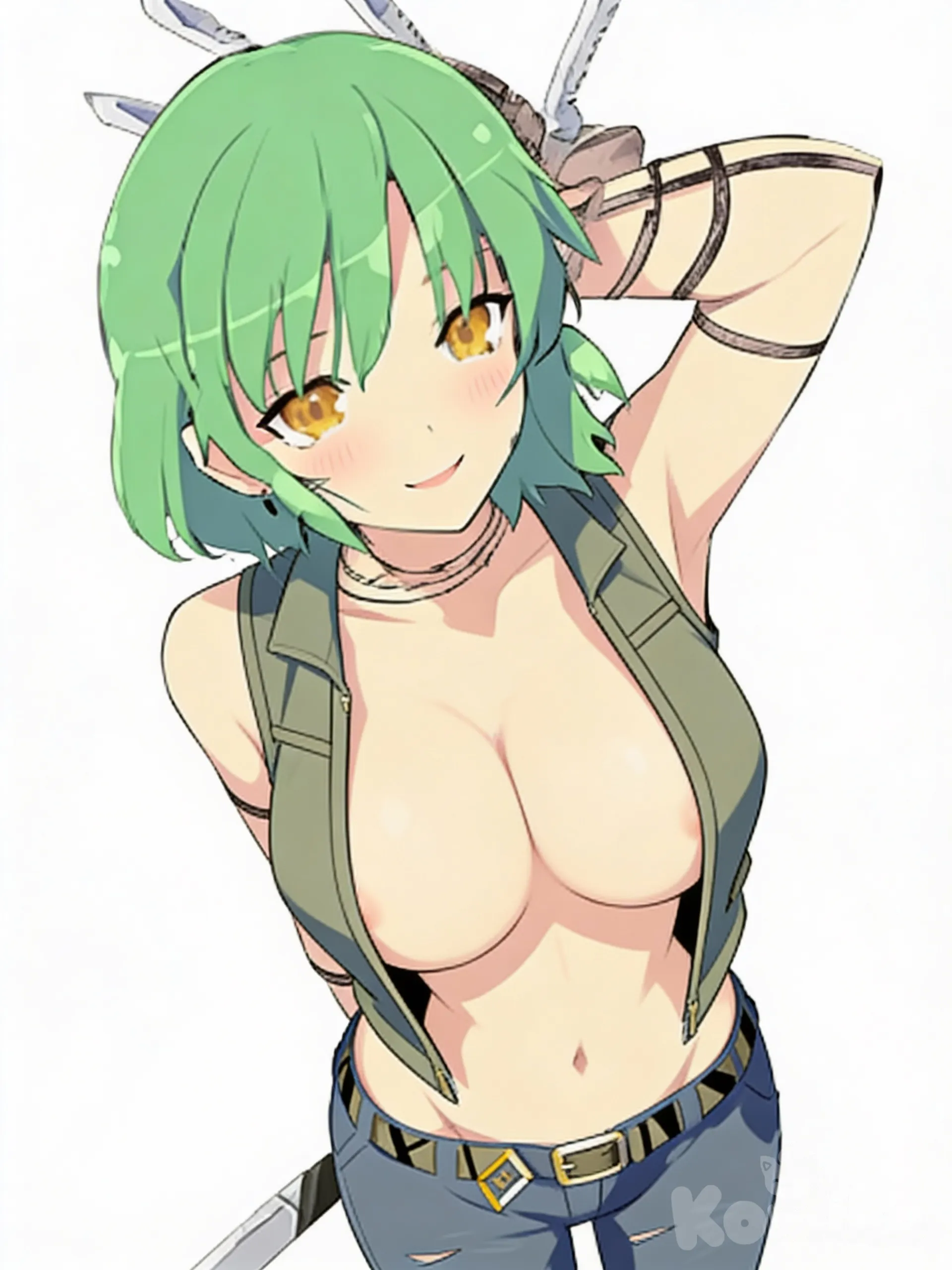@hikage-l1y8, open vest, big breast, smirk, blush, upper body