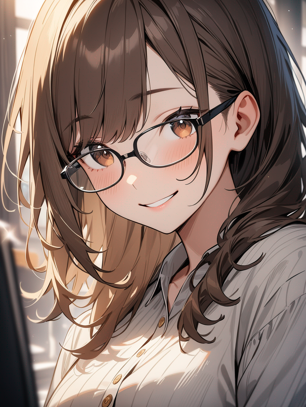 1girl, brown hair, brown eyes, smile, alone, glasses