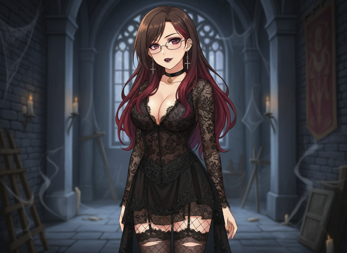 Conservar las características del personaje, solo que hay que hacerla con maquillaje oscuro como bruja, disfrazada de bruja sexy, con medias de malla, encaje, chocker, colgante, en un castillo embrujado, full body, los piercings de sus orejas llevan cruces, Brown and red hair, wavy hair, glasses. Sin el báculo.