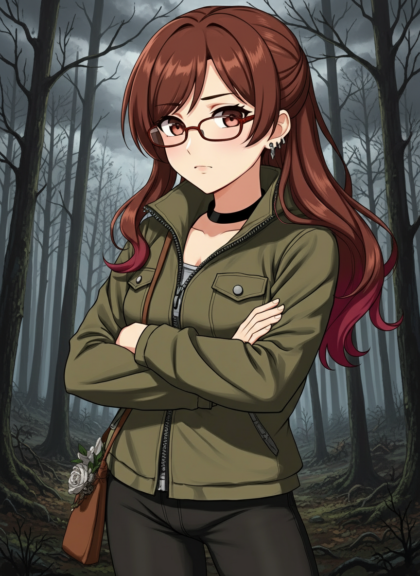 La chica debe conservar el mismo diseño, colores, características de las imágenes de referencia, solo que ahora está en un bosque lúgubre , anime style