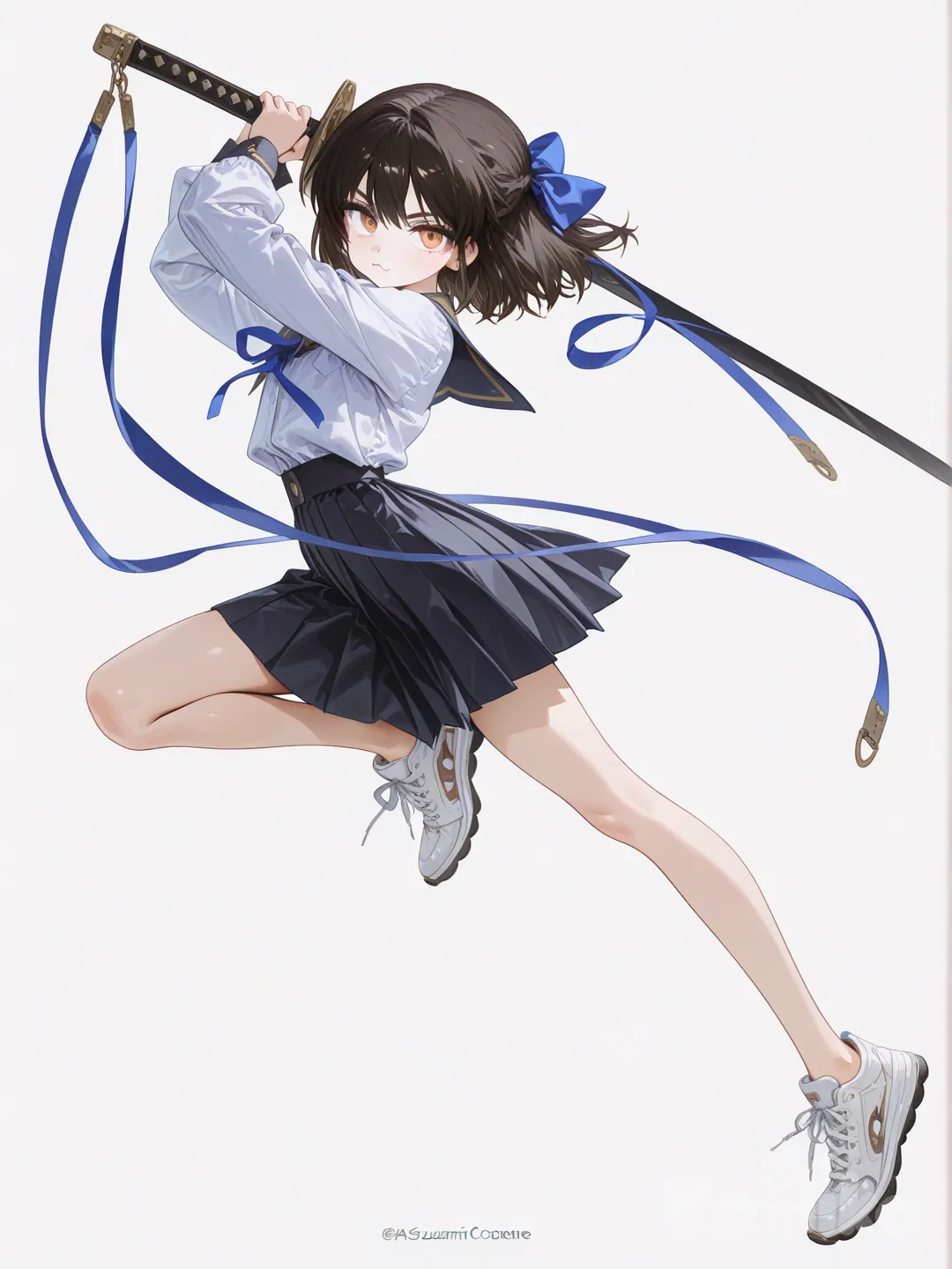 1girl, [high-gloss-illustration-style], on one leg, blouse, pleated skirt,blue ribbon, white background, from side,look at me, White sneakers, ，no socks, holding sword