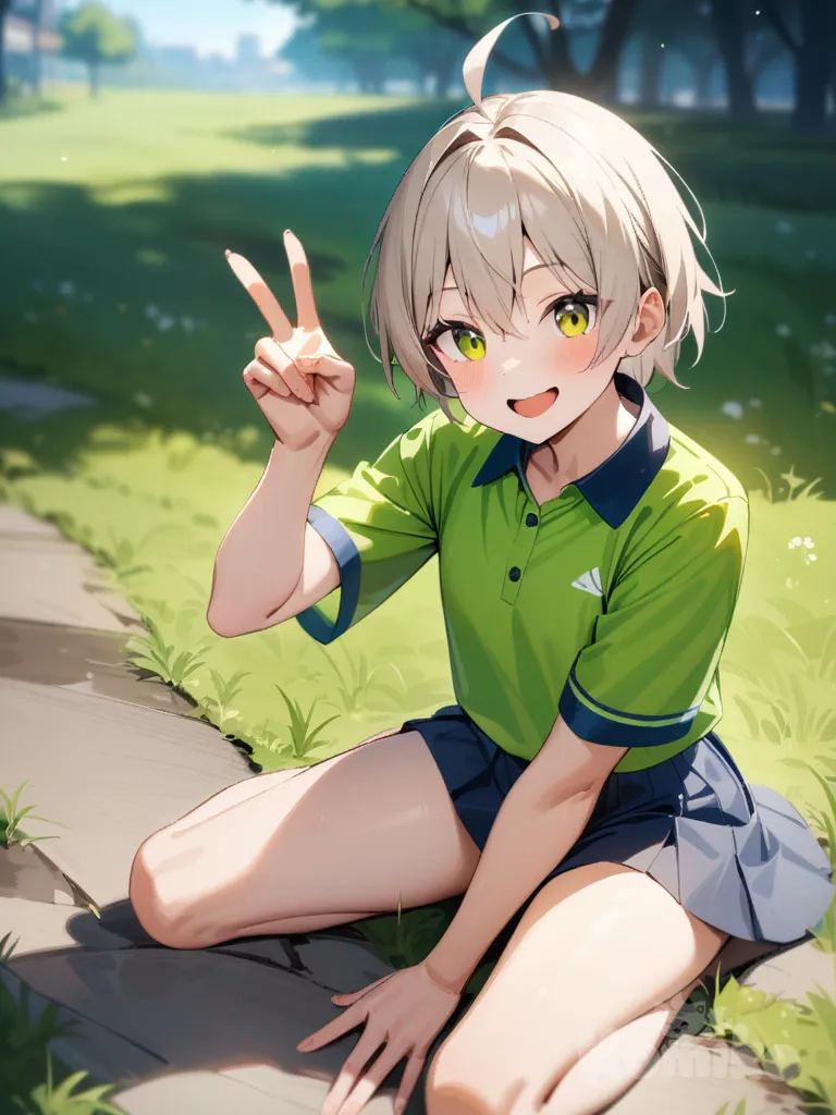 Totsuka saika, v sign, sitting on the ground