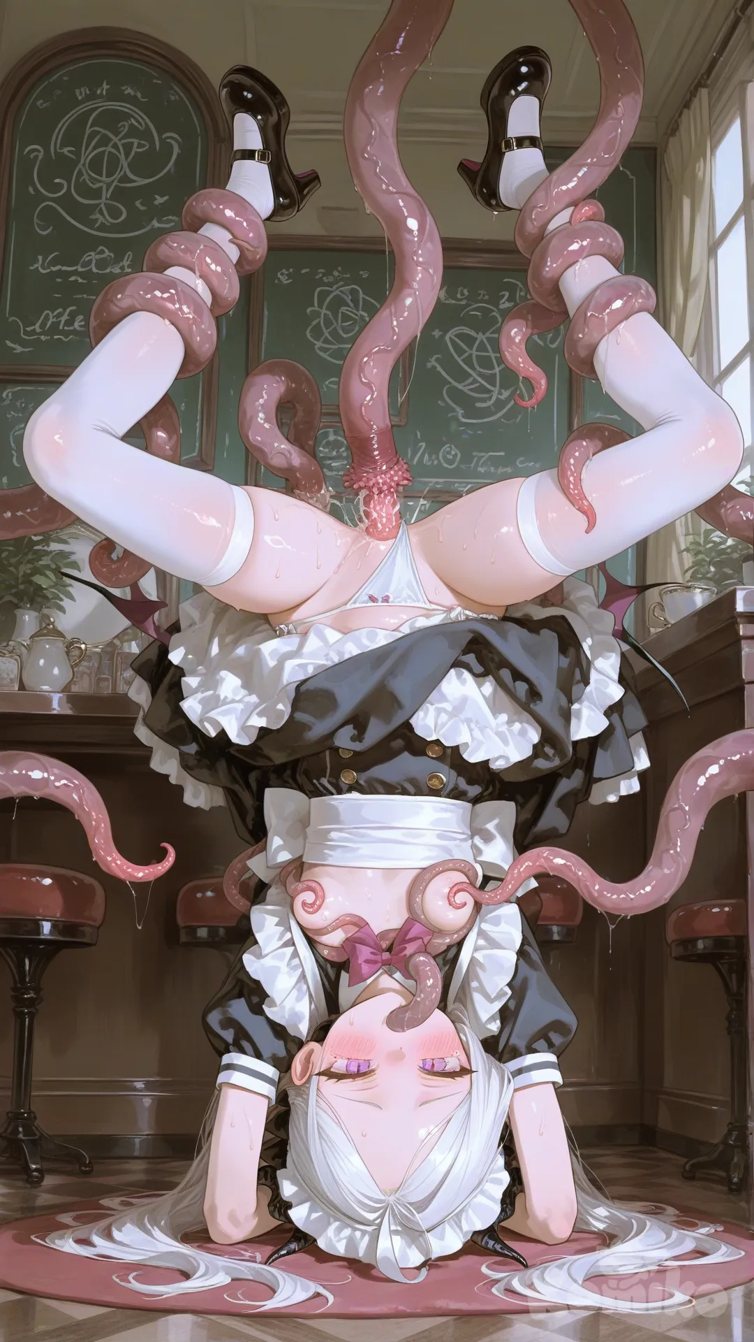 r-18,Blue Archive,Sorasaki Hina,Loli,whole body,white over-the-knee socks,Mary Jane high heels,maid outfit,tentacles, breasts, clothing aside, tentacle sex,Tendons wrapped around ankles,day, blush, crying, cafe, [sensual-glossy-style],Tentacle sucking on nipple,Legs apart,Hanging legs upside down with tentacles,Head on the ground