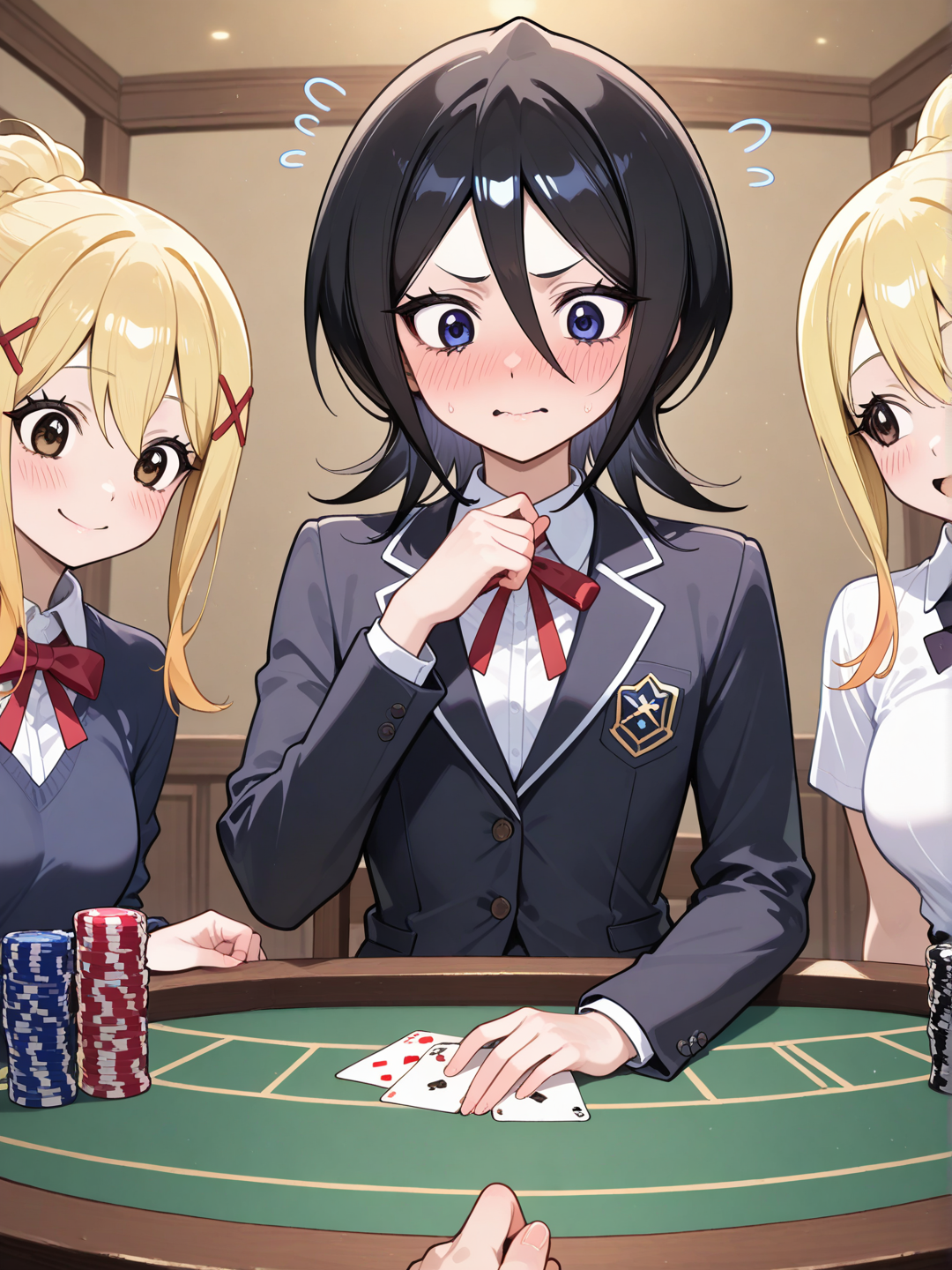 kuchiki rukia, darkness (konosuba), lucy heartfilia, simple background, nervous, playing strip poker, 3girls