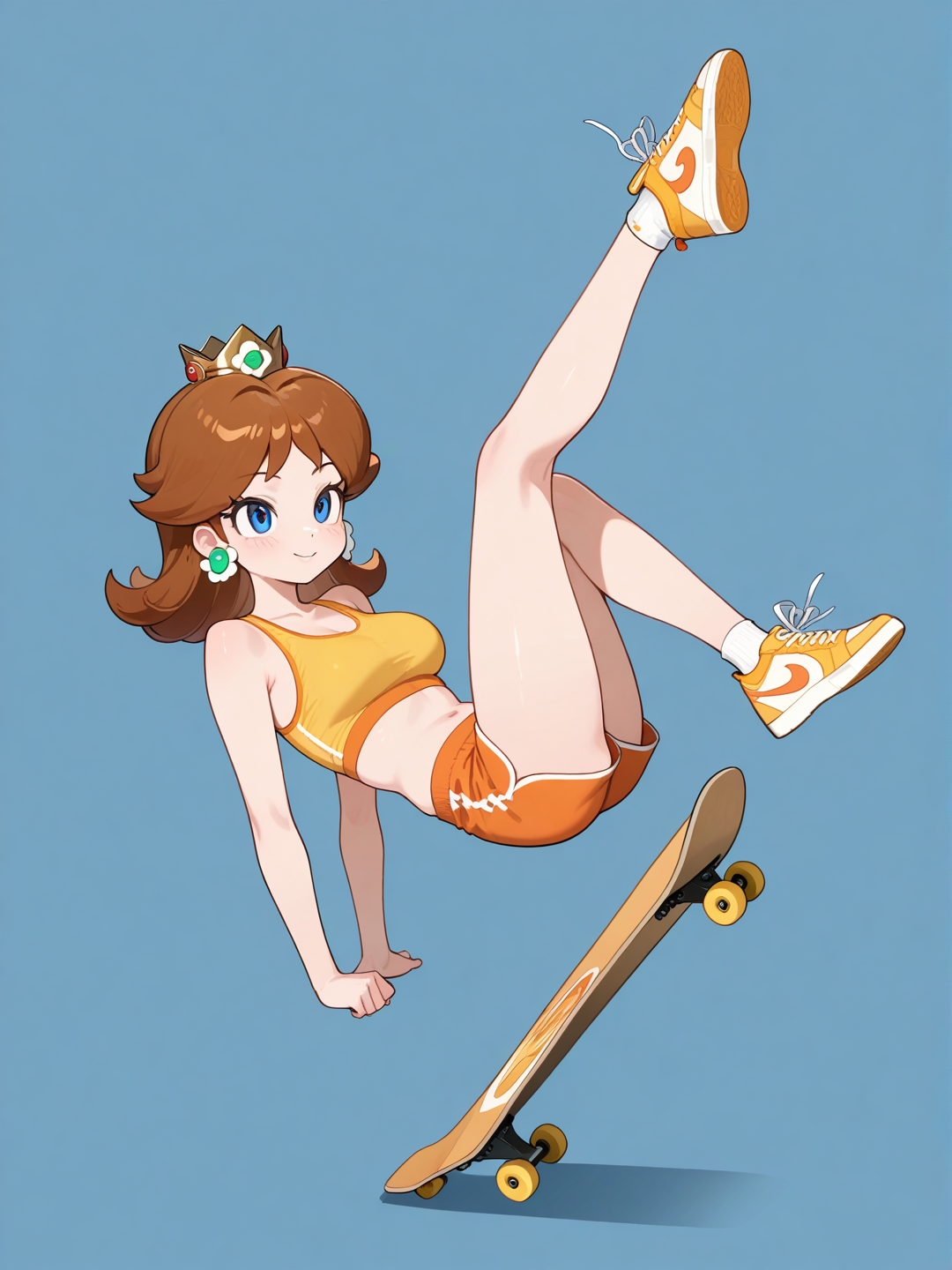 Princess daisy, riding a skateboard, simple background, full body, midair, sports bra, shorts