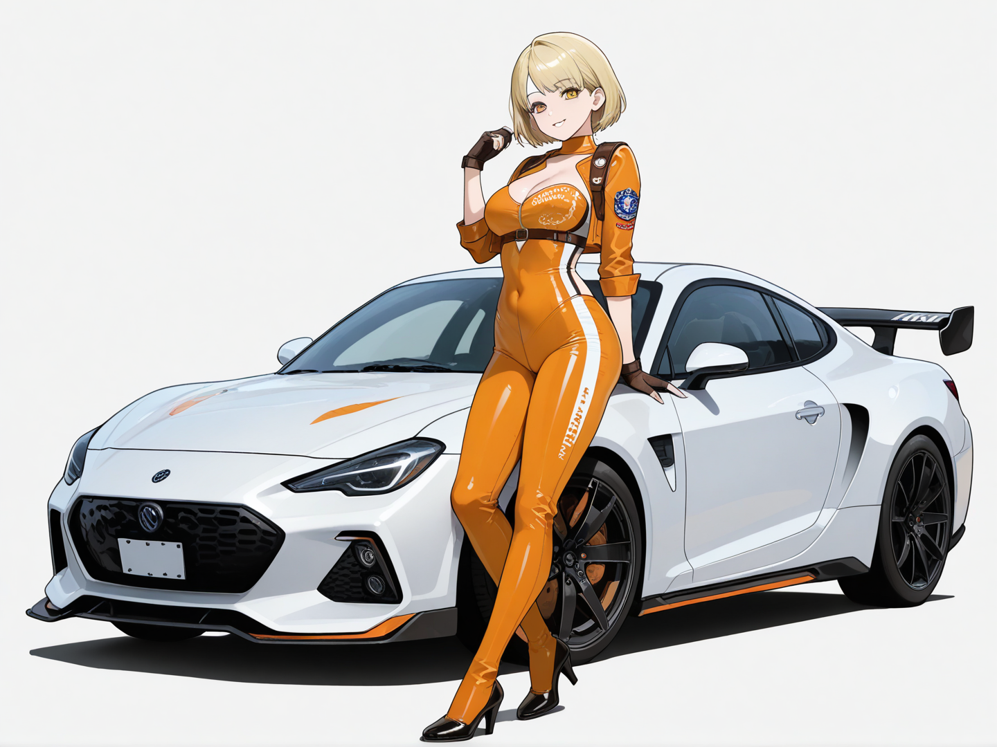 Dressed like race queen, interacting with expensive race car, full body, white background, logo decals on car, Ashley Graham (Resident Evil)