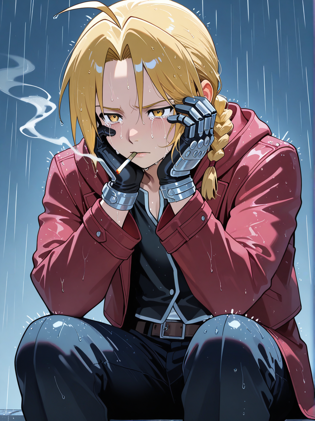 edward elric, angst, crying, depressed, holding a cigarette to his mouth, raining, hands oh face, sitting down