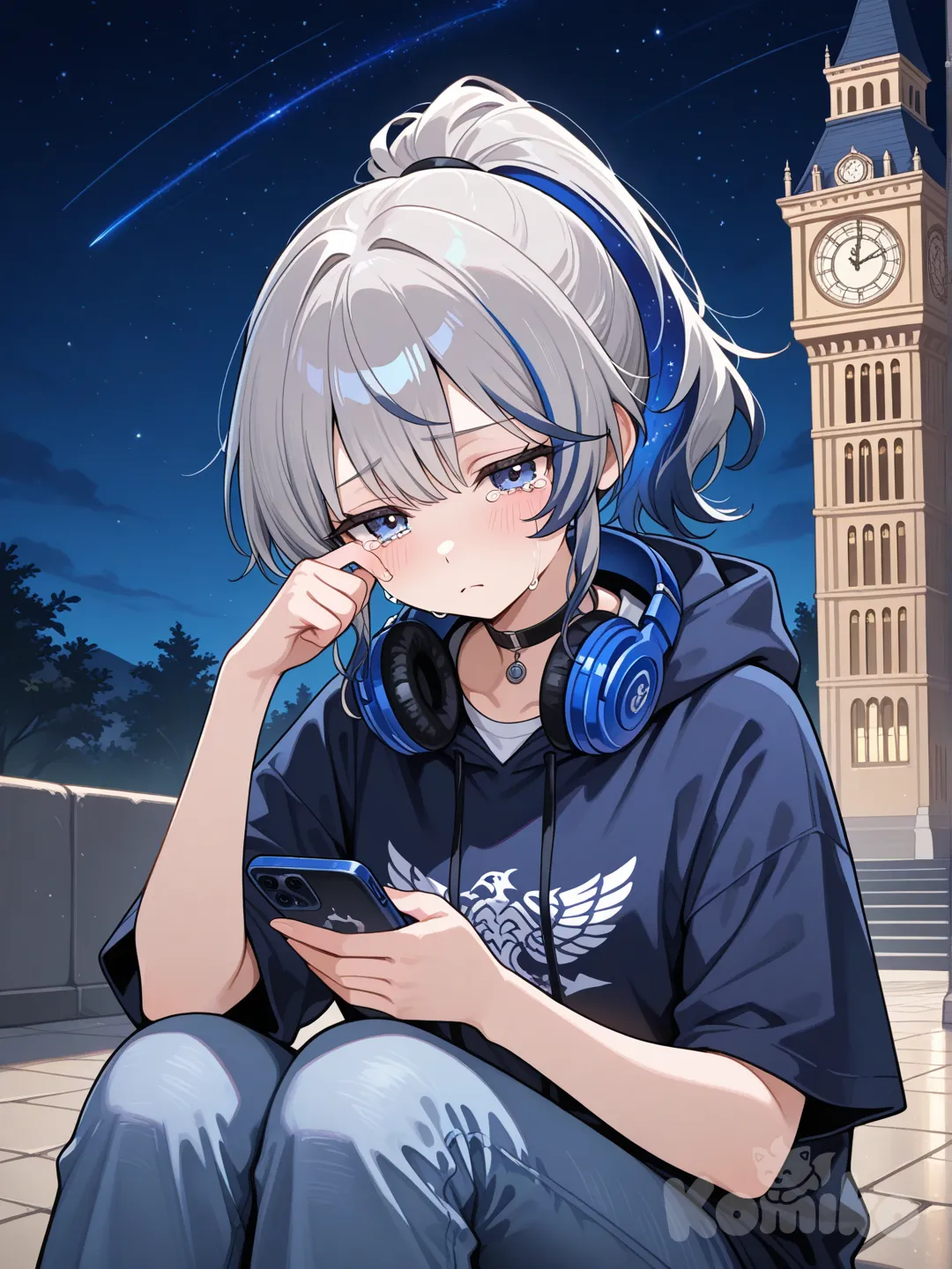 1girl,head tilt, looking at phone, wiping tears, sitting on the ground, t-shirt, hoodie, front profile photo, looking at viewer, night, clean background, starry sky, clock tower, jeans, casual pants, choker, headphones, high ponytail, gray hair, navy blue highlights, crying, frown