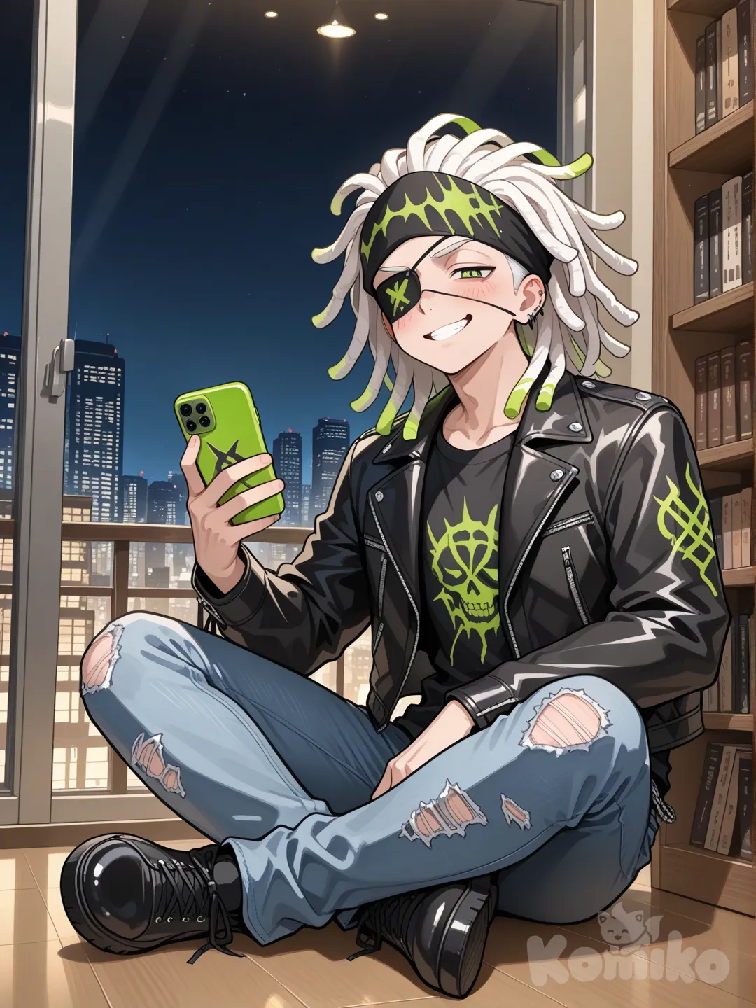1boy, sitting on the ground, looking at phone, evil blush, smirk, t-shirt, punk leather jacket, jeans, headband, eye patch, dreadlocks, ivory white, neon green, looking at viewer, wide shot, library, city lights