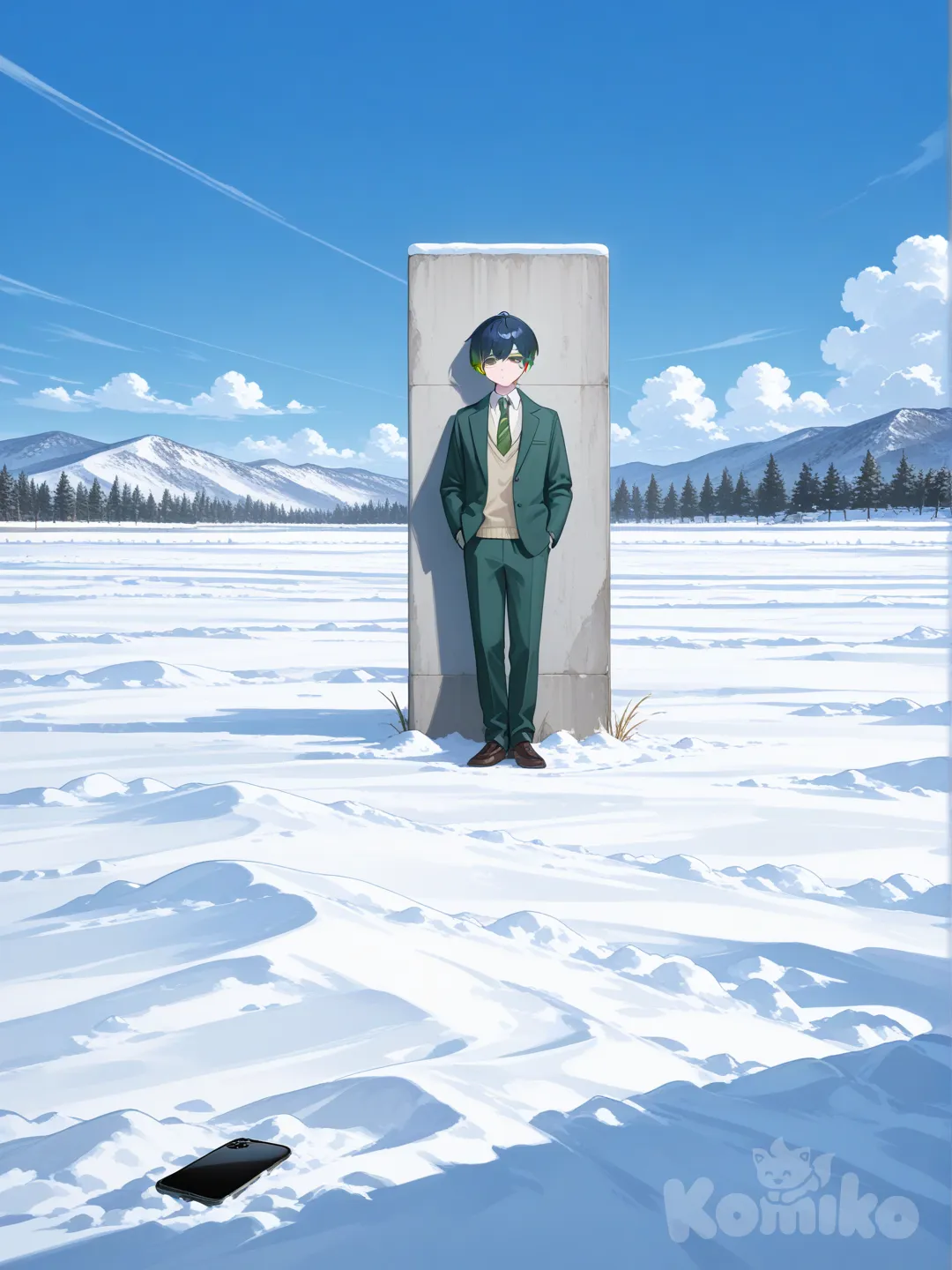 1boy, looking at phone, hands in pockets, standing by a wall, tired, expressionless, school uniform, suit, pixie cut, navy blue, olive green highlights, looking at viewer, wide shot, full body, day, clean background, blue sky, cloud, field, snowy