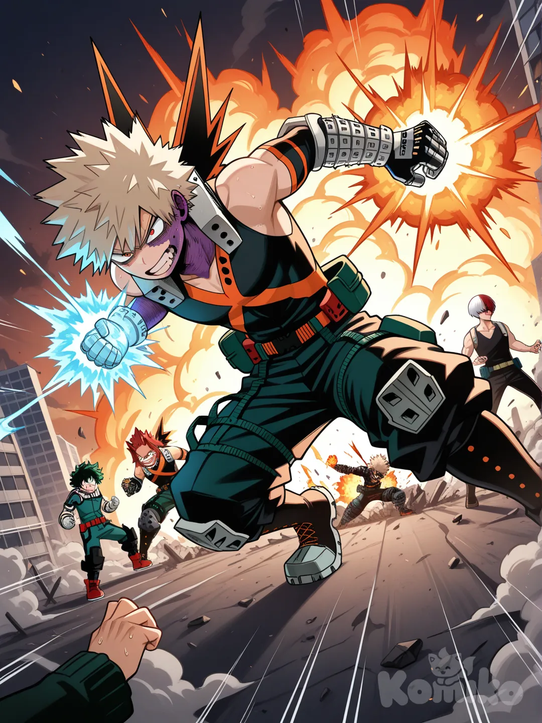@Kirishima_Eijirou, @Midoriya_Izuku, @Bakugou_Katsuki, @Todoroki_Shouto, @Shigaraki_Tomura, @Dabi_(Boku_No_Hero_Academia) all in a battle