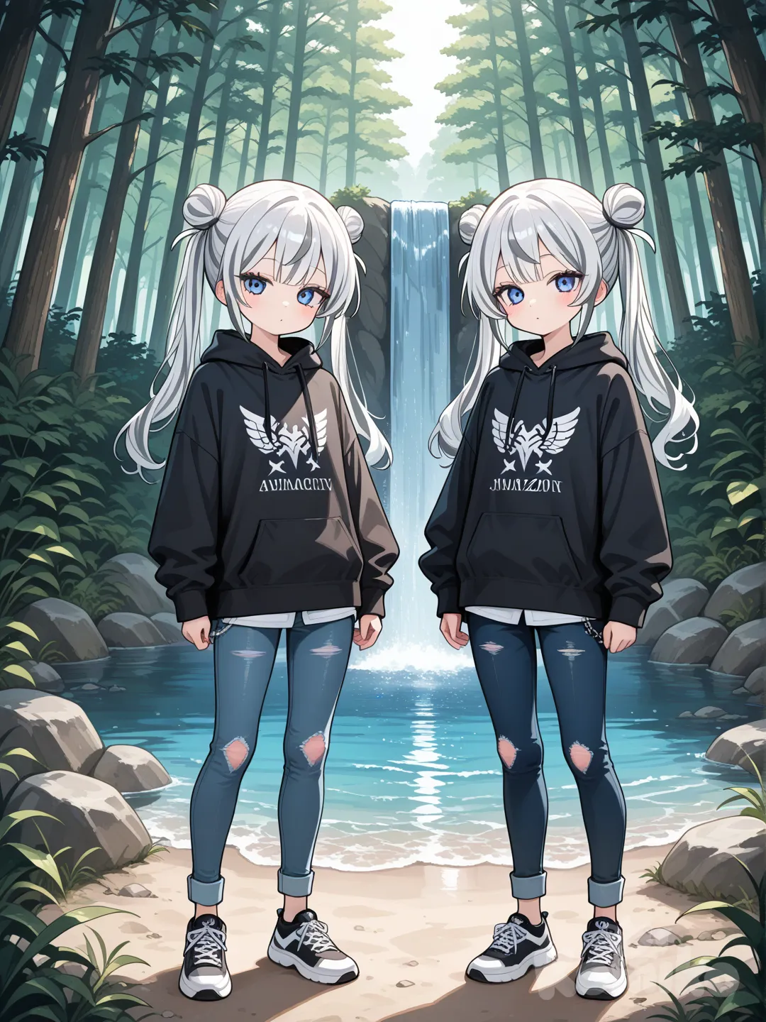 2girls, that look so similar wearing the same clothing a black hoodie and denim jeans, they have the same hair color white with gray highlights, they both have long haired put up in pigtails and pigtail buns, they have atlantic blue eyes and are still teenagers, full body, day, in the forest by a waterfall