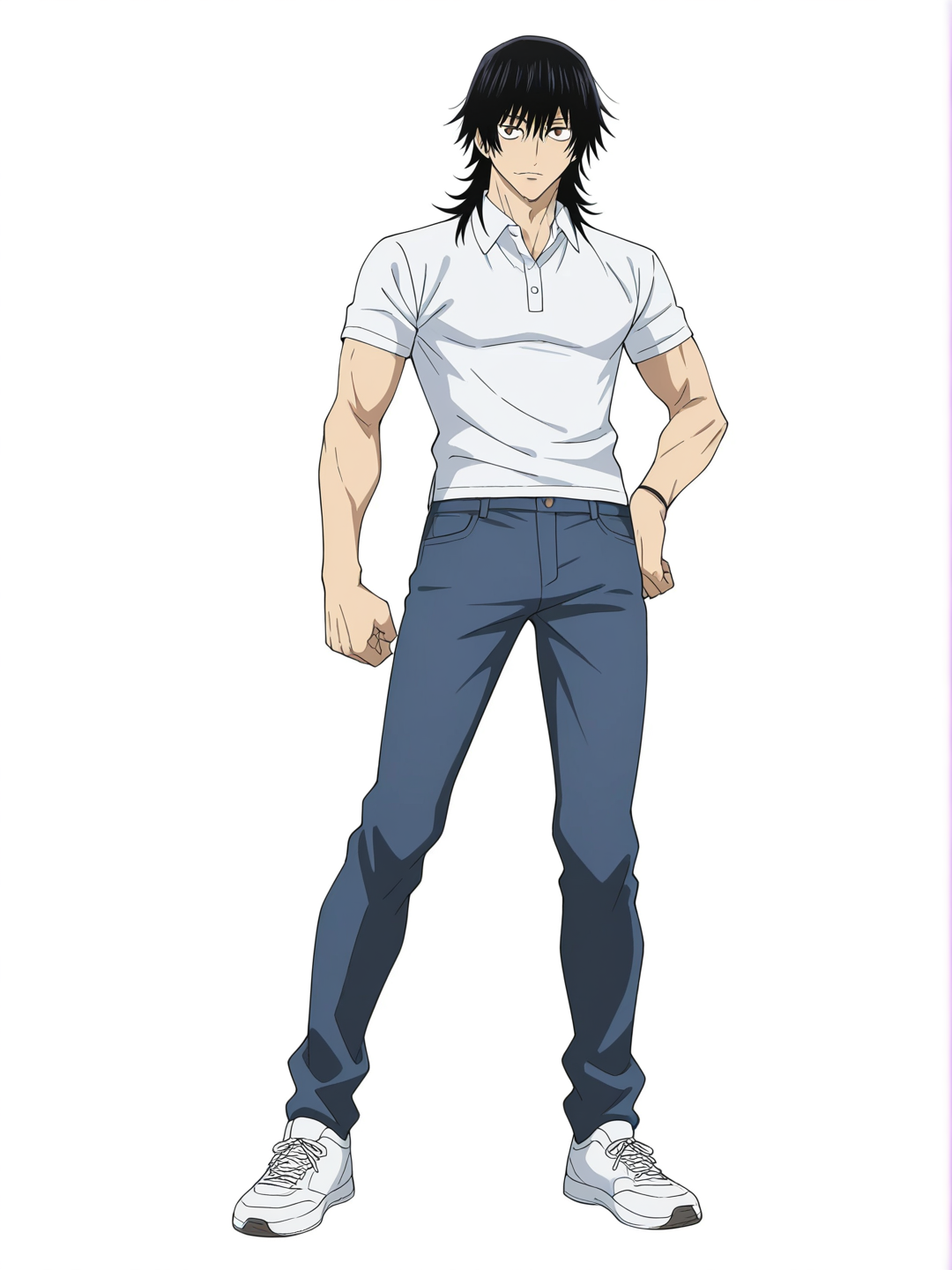 [bright-anime-style] 1boy, jujutsu kaisen style, pop anime style, teenager, athletic, long hair, wolf cut, black hair, brown eyes, fair skin, polo shirt, jeans, single character, full body, looking at viewer, anime style, simple background, white background