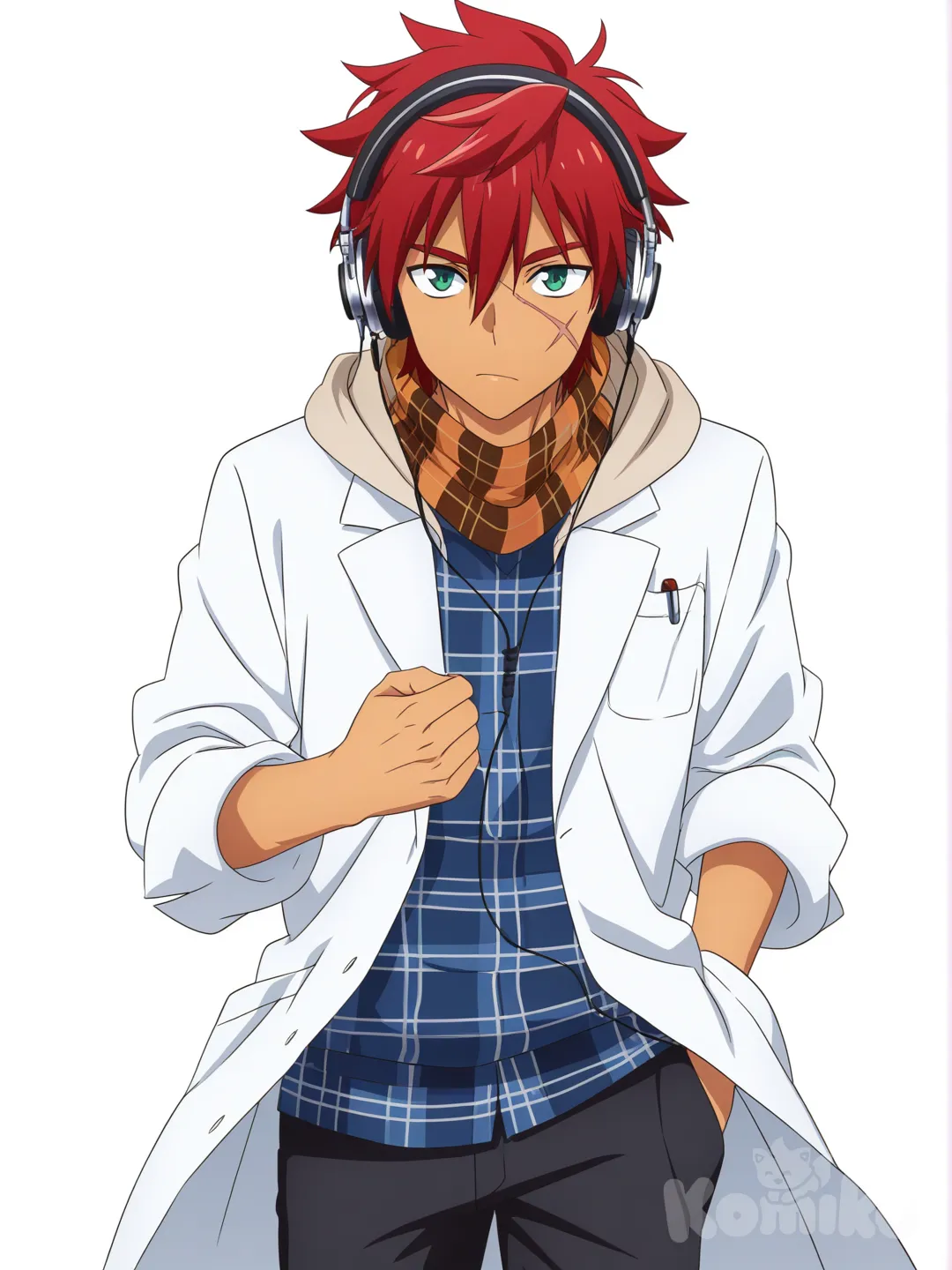[pop-anime-style] 1boy, demon, tall, brown_hair, red_hair, blue_eyes, green_eyes, scar, pale_skin, tan_skin, t-shirt, plaid_shirt, lab_coat, hoodie, scarf, headphones, single_character, full_body, looking_at_viewer, anime_style, simple_background, white_background