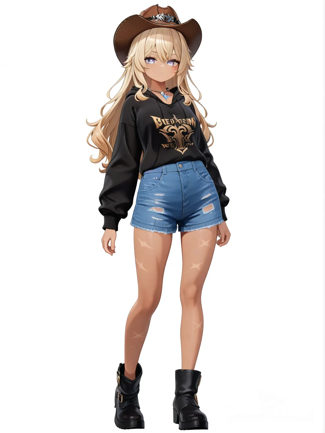 [3d-anime-style] 1girl, demon, genshin impact style, teen, short stature, athletic, blonde hair, scar, tan skin, hoodie, pencil skirt, pleated skirt, denim skirt, cowboy hat, necklace, single character, full body, looking at viewer, anime style, simple background, white background