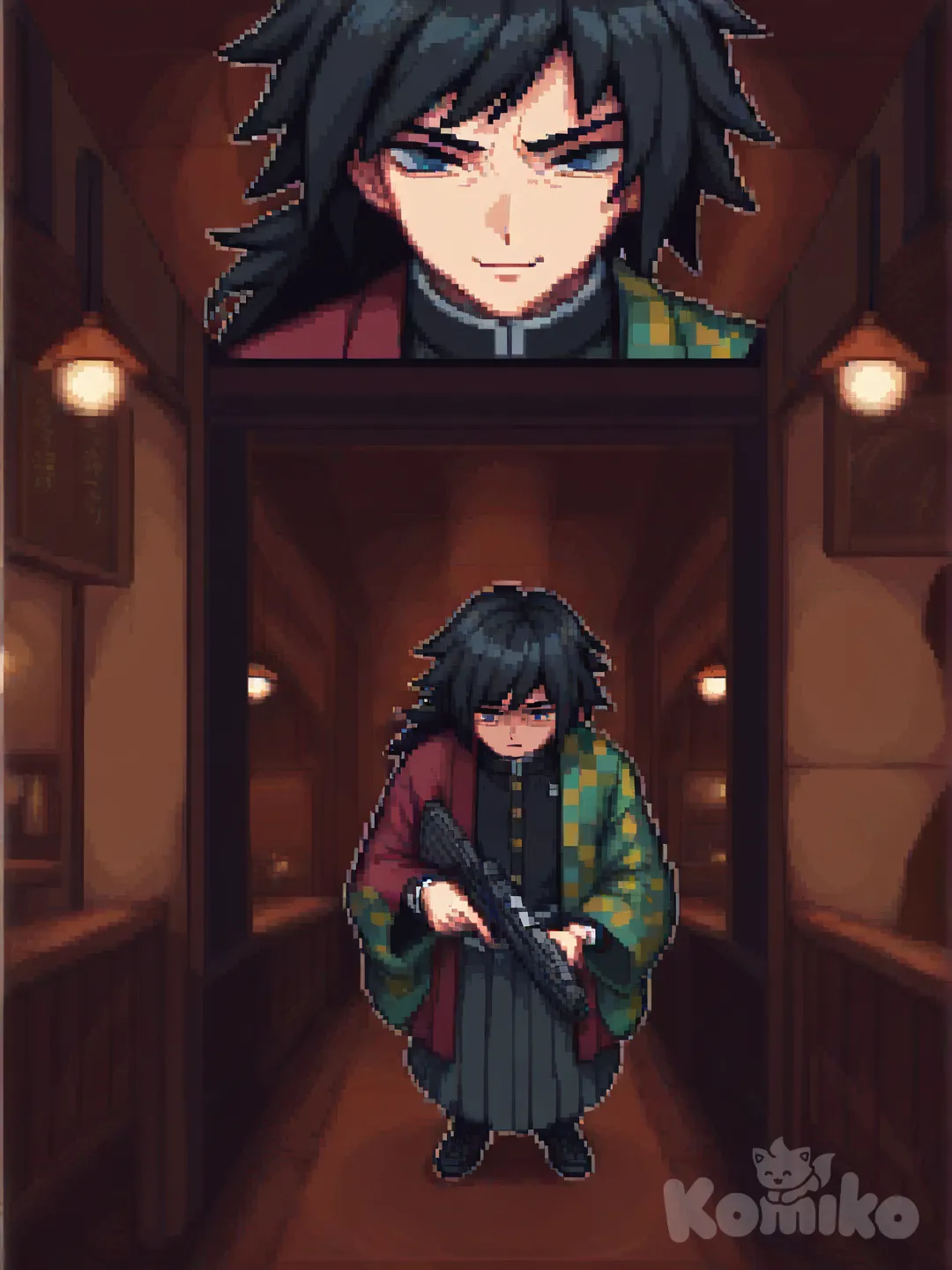 [soft-pixel-art-style], holding gun, @Tomioka_Giyuu, depressed, smirk, full body, closeup, side light, restaurant